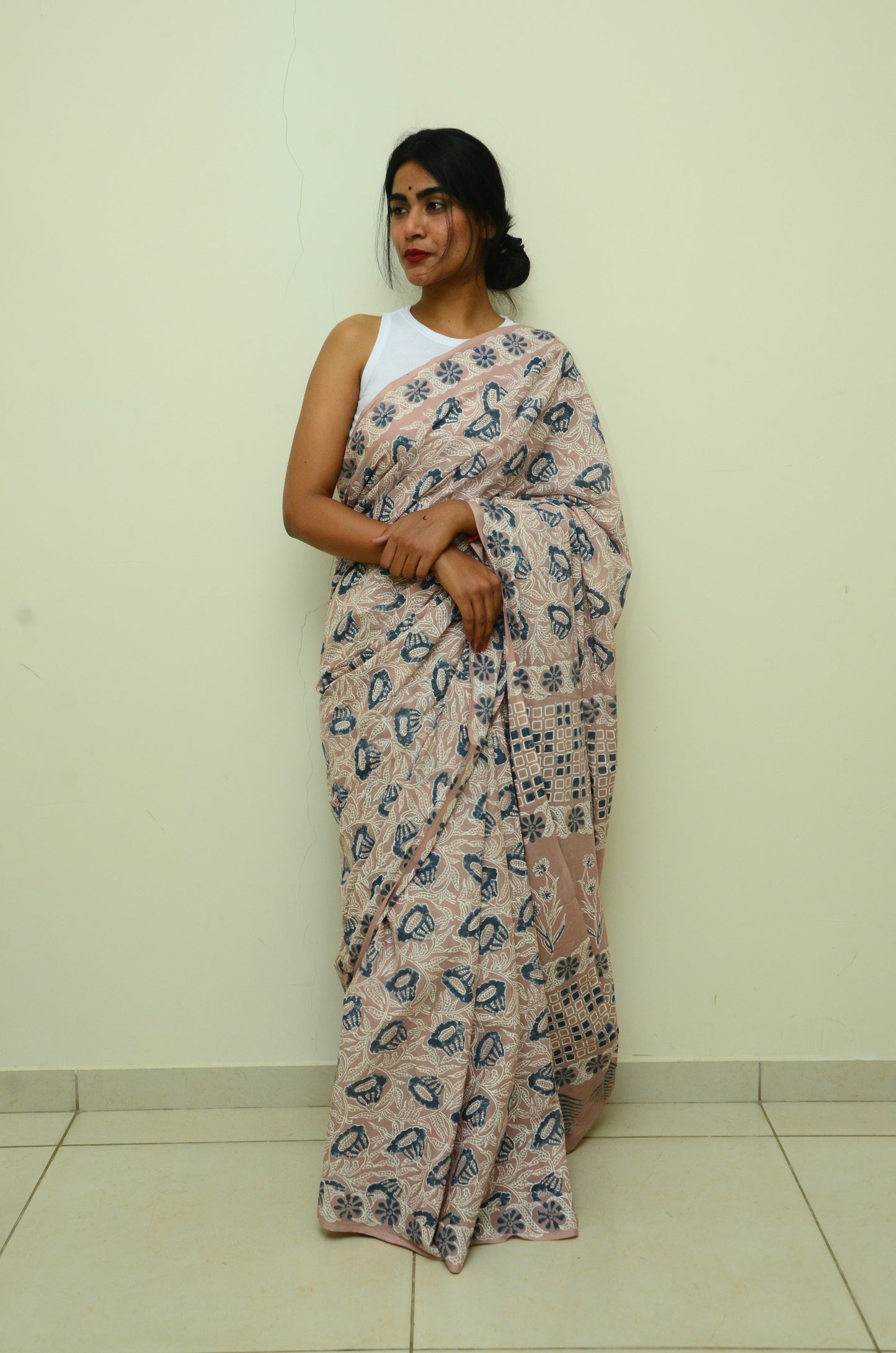 Splashes On The Beach - Handblock Print Natural Dyed - Mulmul Cotton Saree