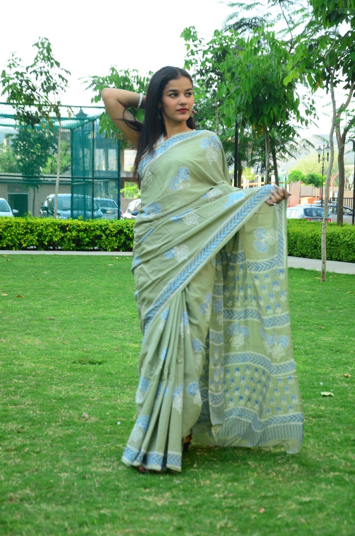 Mood - Green Handblock Print Natural Dyed - Mulmul Cotton Saree