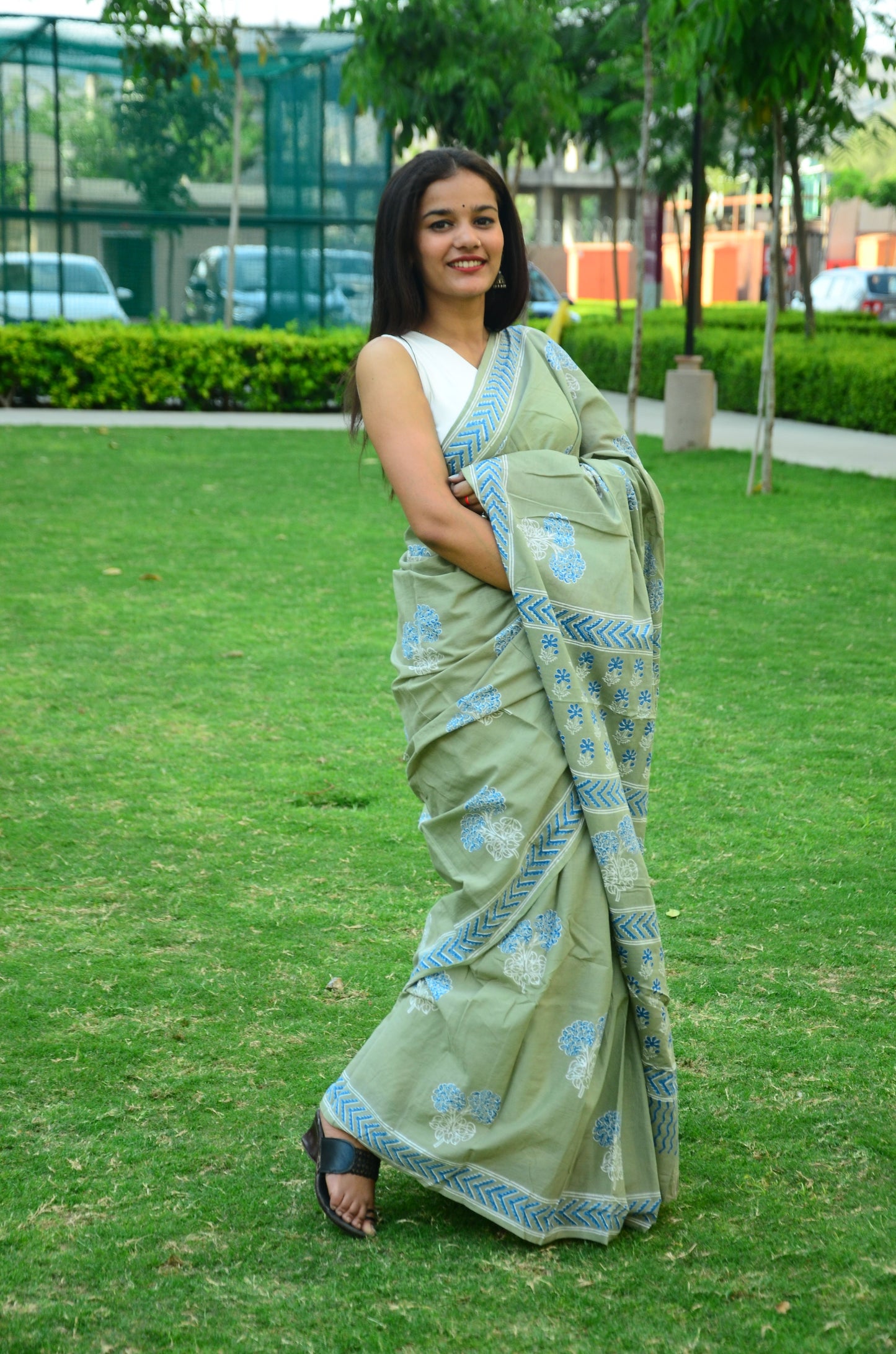 Mood - Green Handblock Print Natural Dyed - Mulmul Cotton Saree