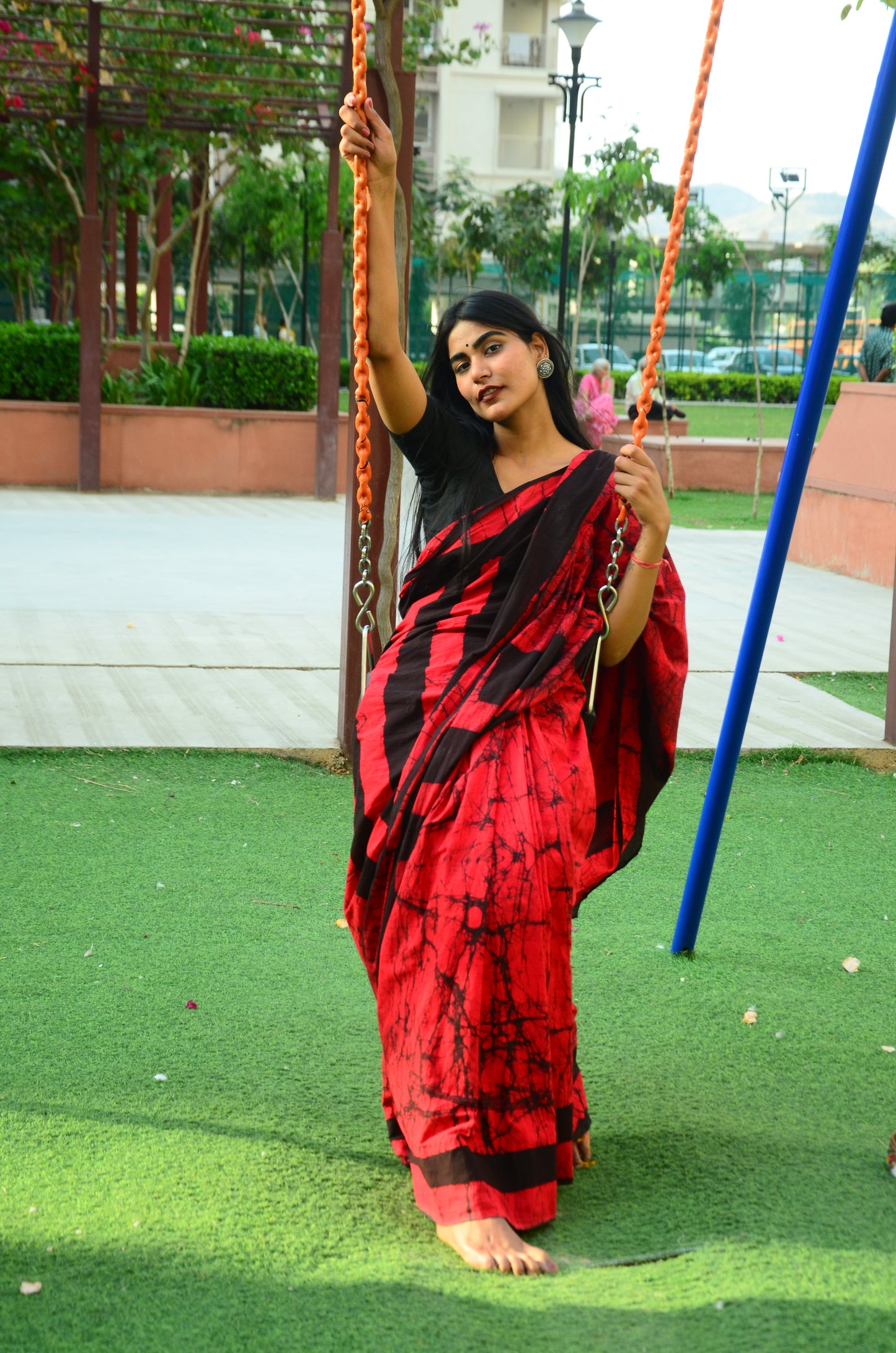 Fire in the Sky - Red Batik Cotton Mulmul Handblock Saree