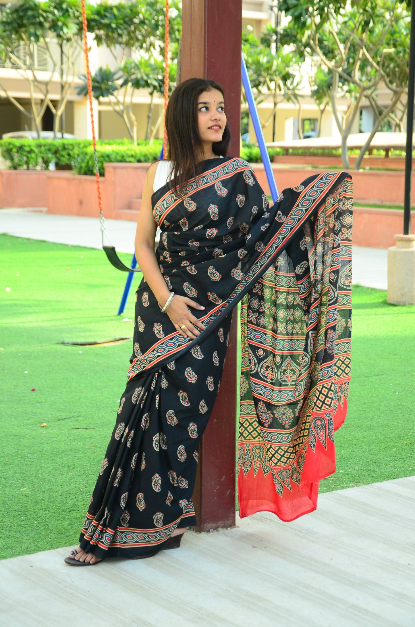 Black Ajrakh - Cotton Mulmul Handblock Saree