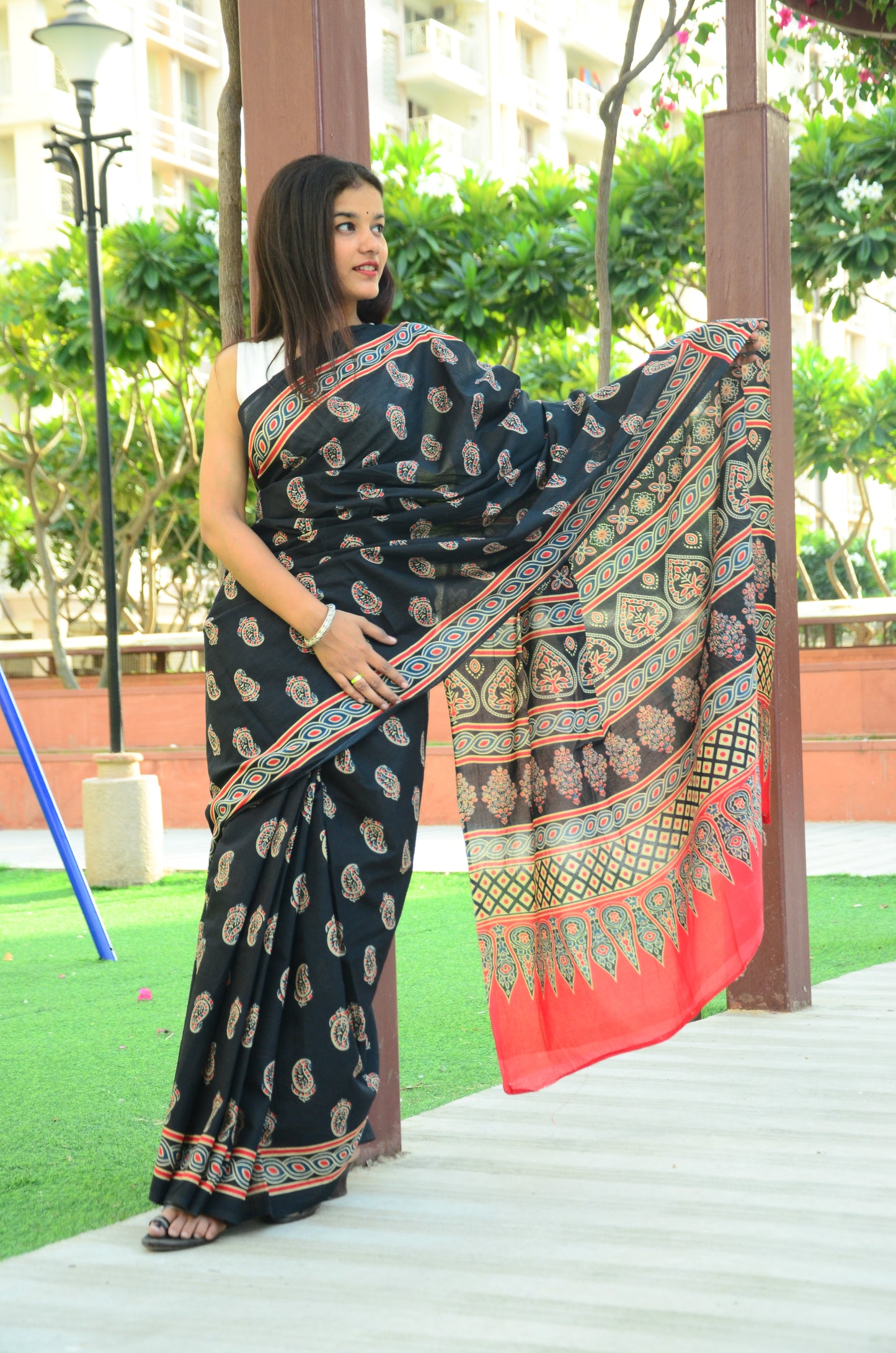 Black Ajrakh - Cotton Mulmul Handblock Saree