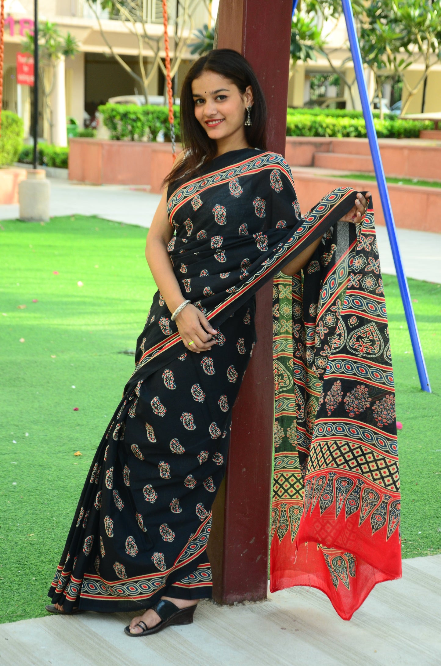 Black Ajrakh - Cotton Mulmul Handblock Saree