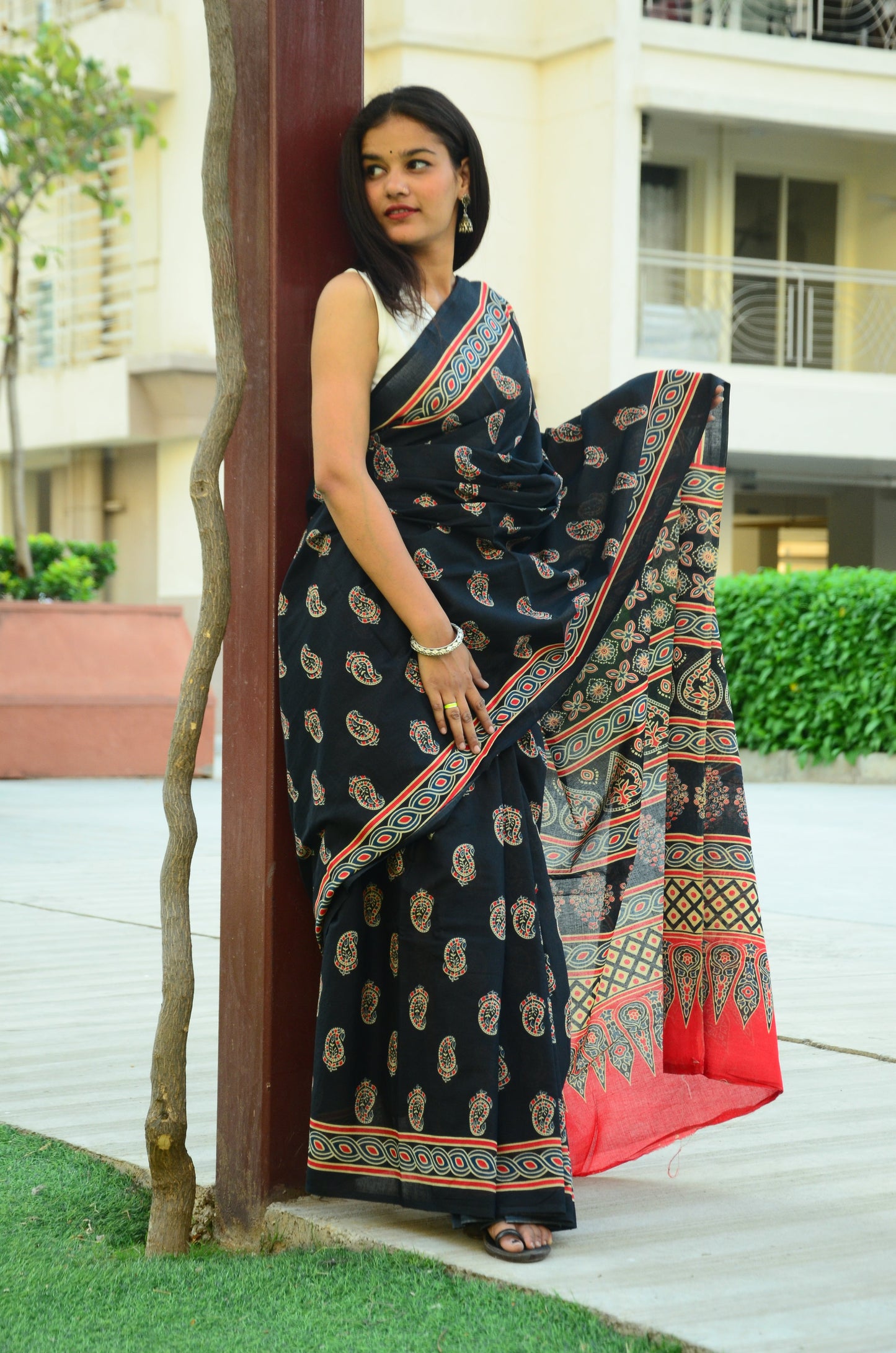 Black Ajrakh - Cotton Mulmul Handblock Saree