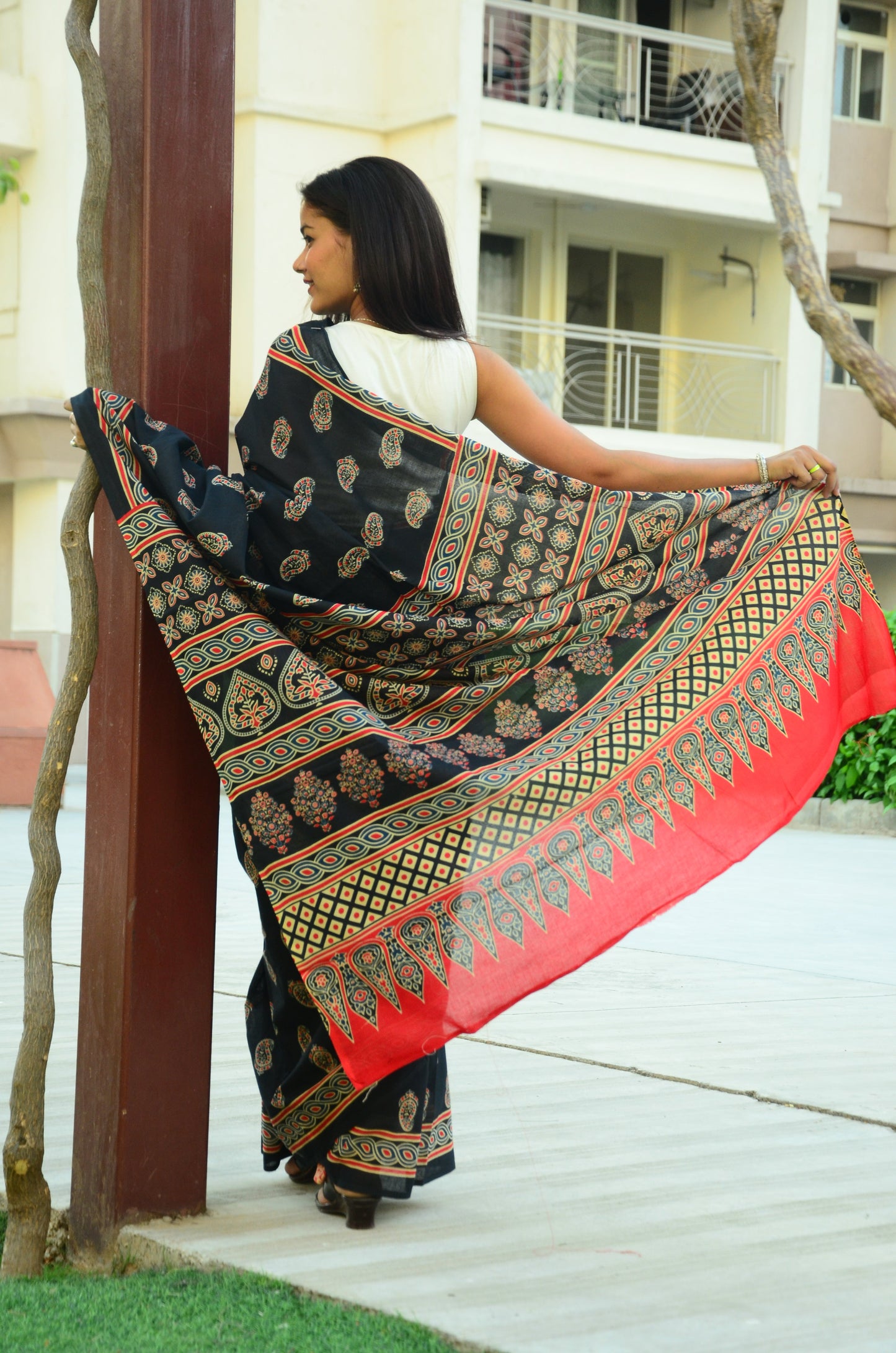 Black Ajrakh - Cotton Mulmul Handblock Saree