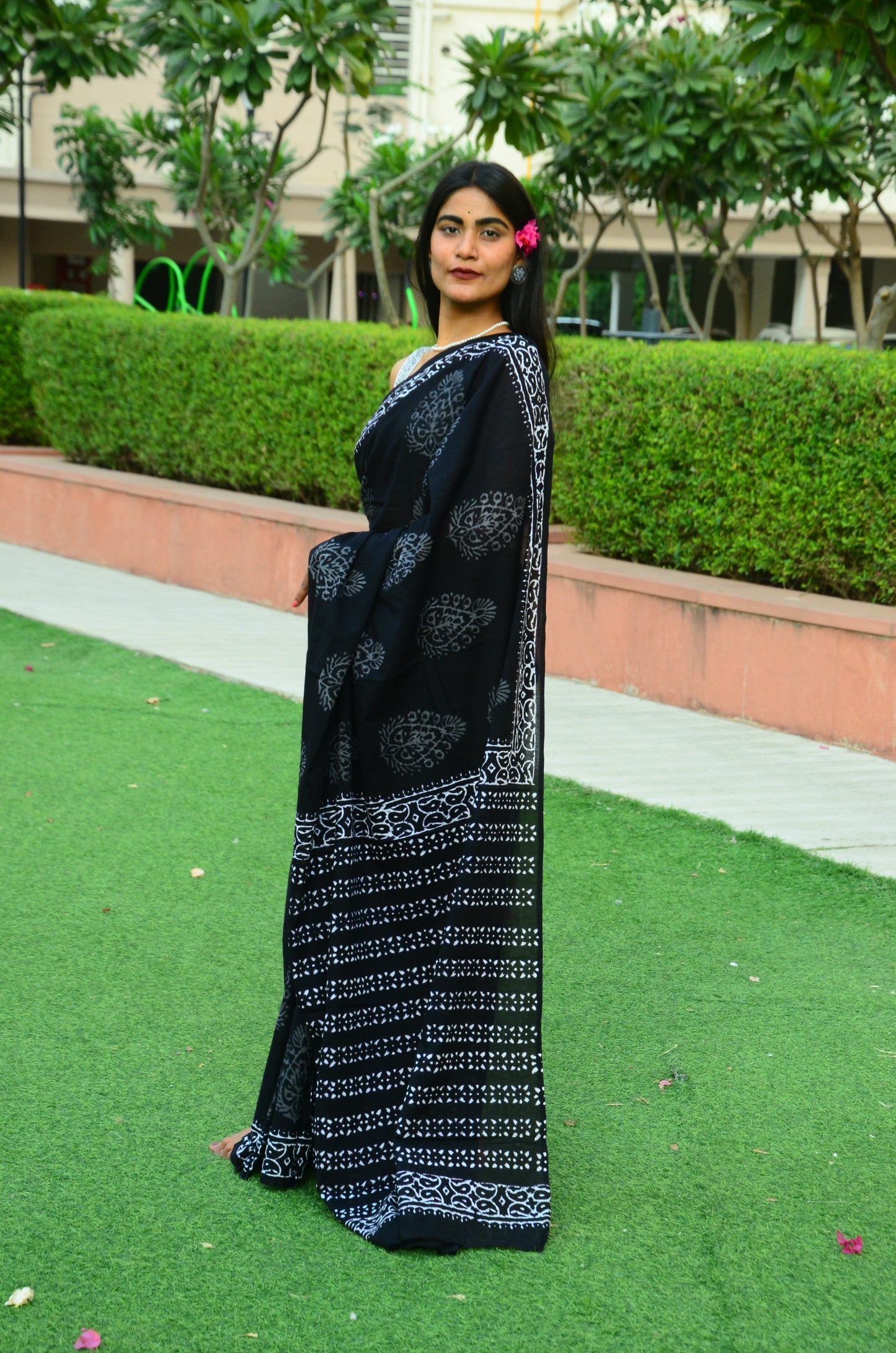 Black Pepper -Handblock Print Natural Dyed - Mulmul Cotton Saree