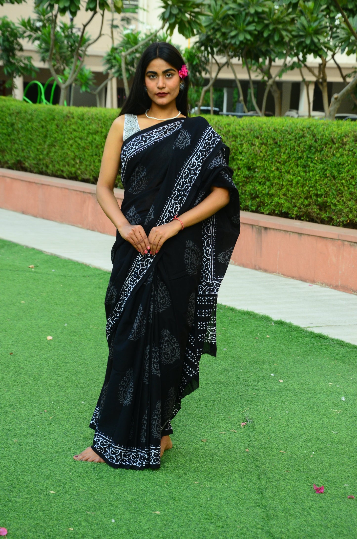 Black Pepper -Handblock Print Natural Dyed - Mulmul Cotton Saree