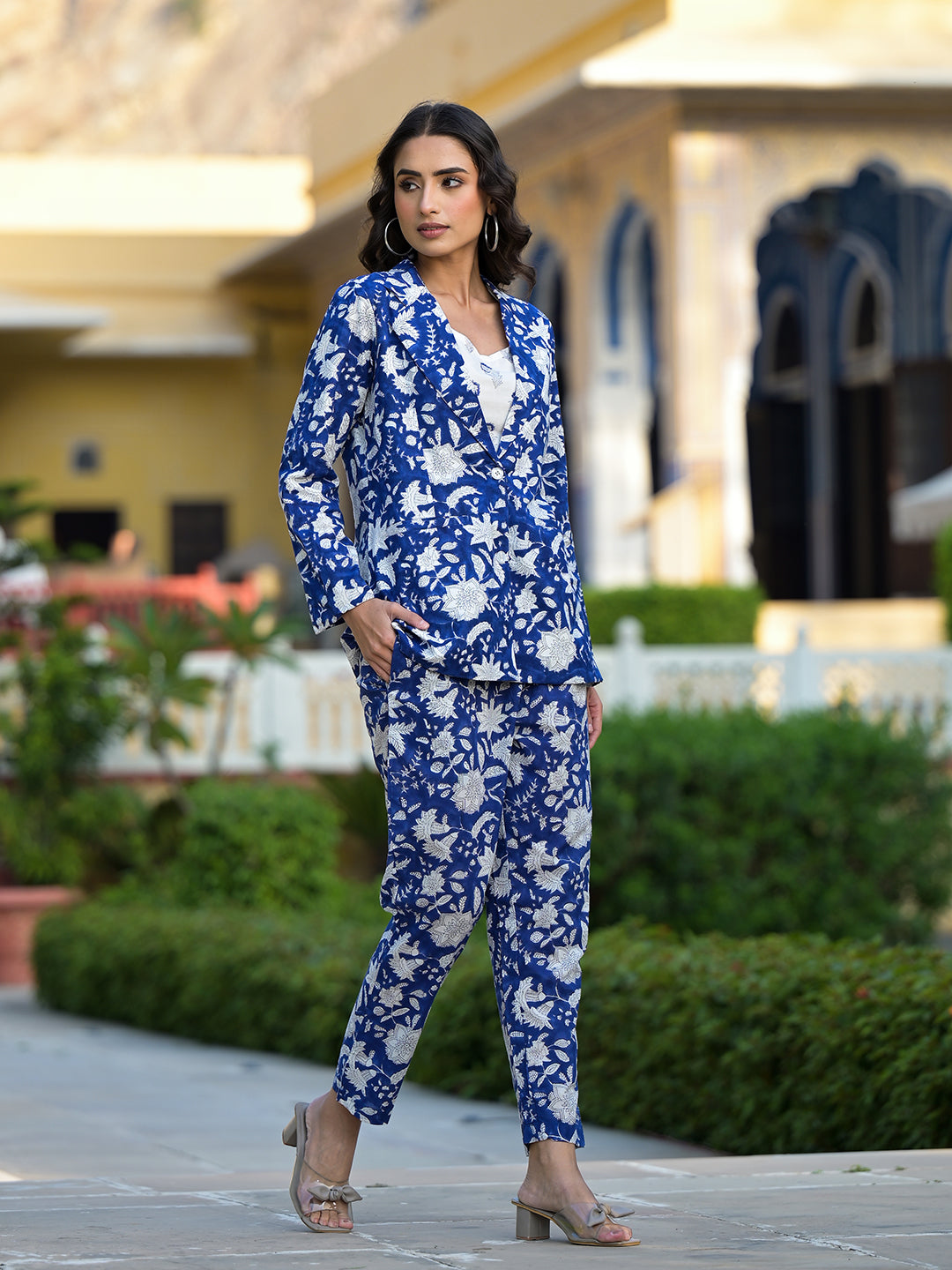 Blue & White Floral handblock Printed Co-ord Set