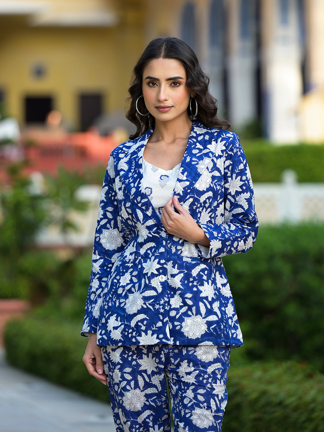 Blue & White Floral handblock Printed Co-ord Set