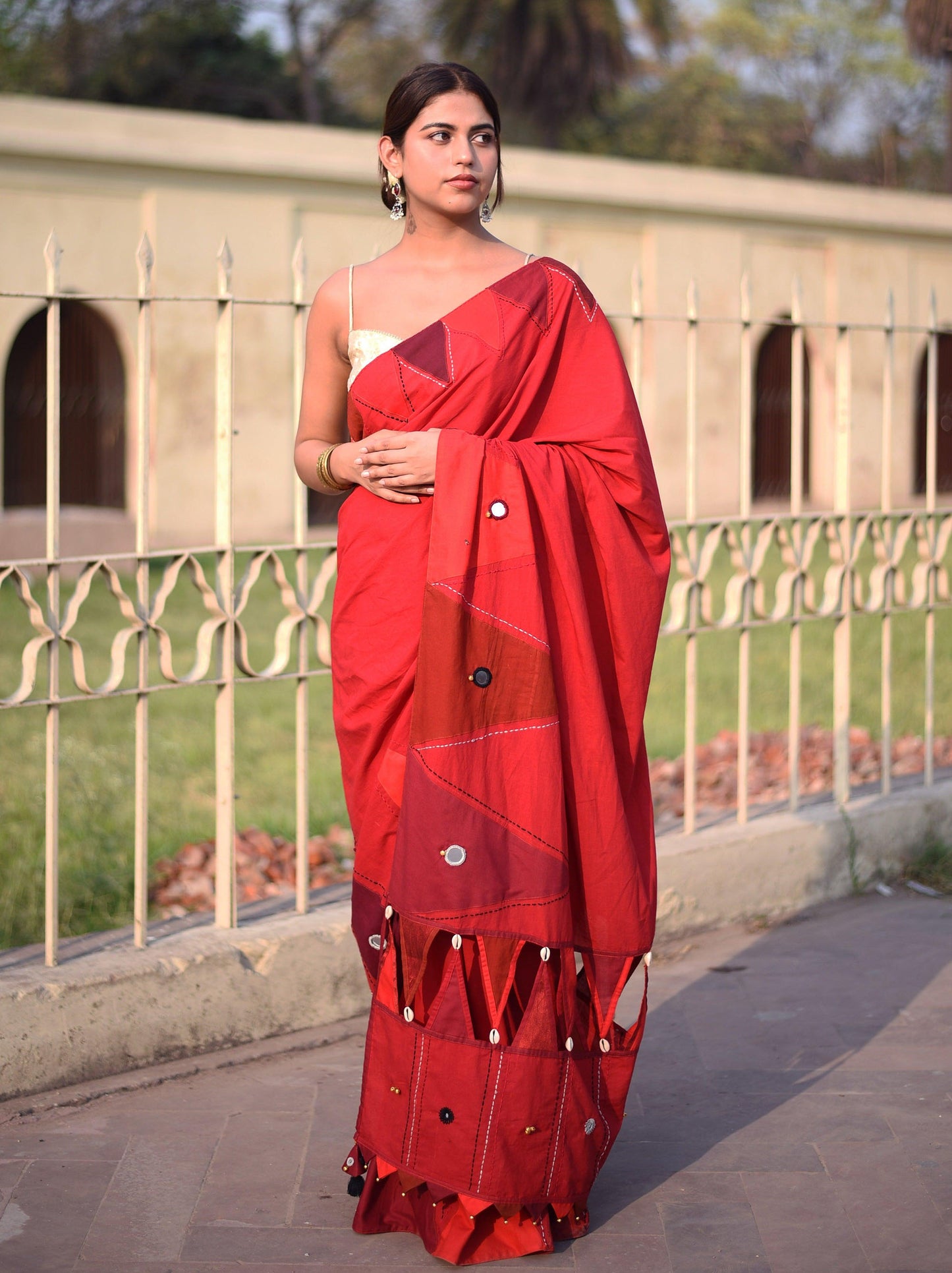 कुमकुम Cotton Cambric Red Saree