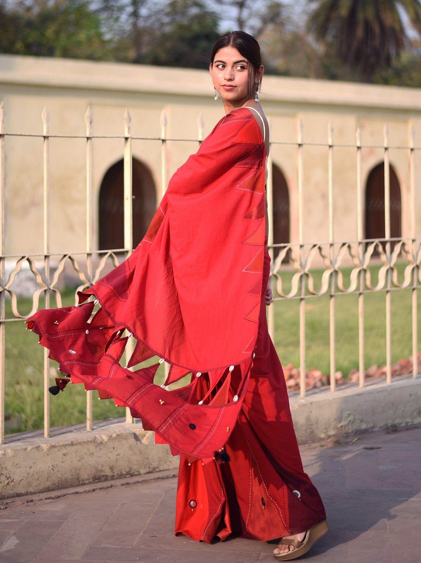 कुमकुम Cotton Cambric Red Saree