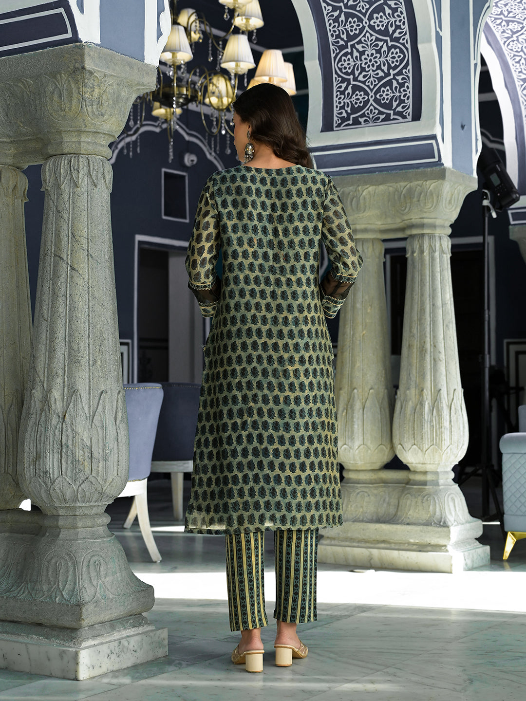 Green Ethnic Printed Chanderi Silk Kurta Trouser with Dupatta Set