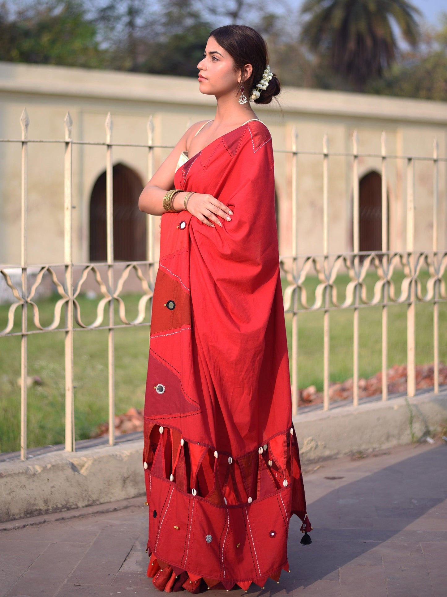 कुमकुम Cotton Cambric Red Saree