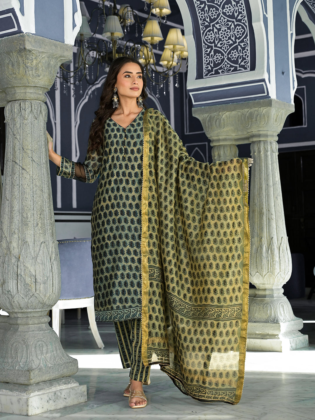 Green Ethnic Printed Chanderi Silk Kurta Trouser with Dupatta Set