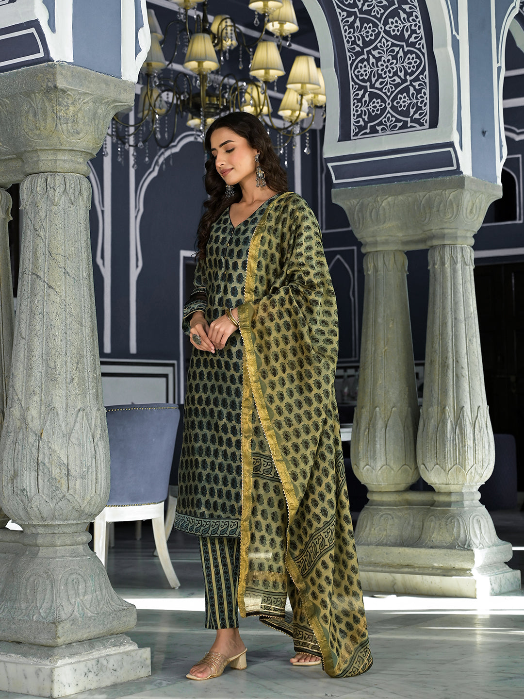 Green Ethnic Printed Chanderi Silk Kurta Trouser with Dupatta Set