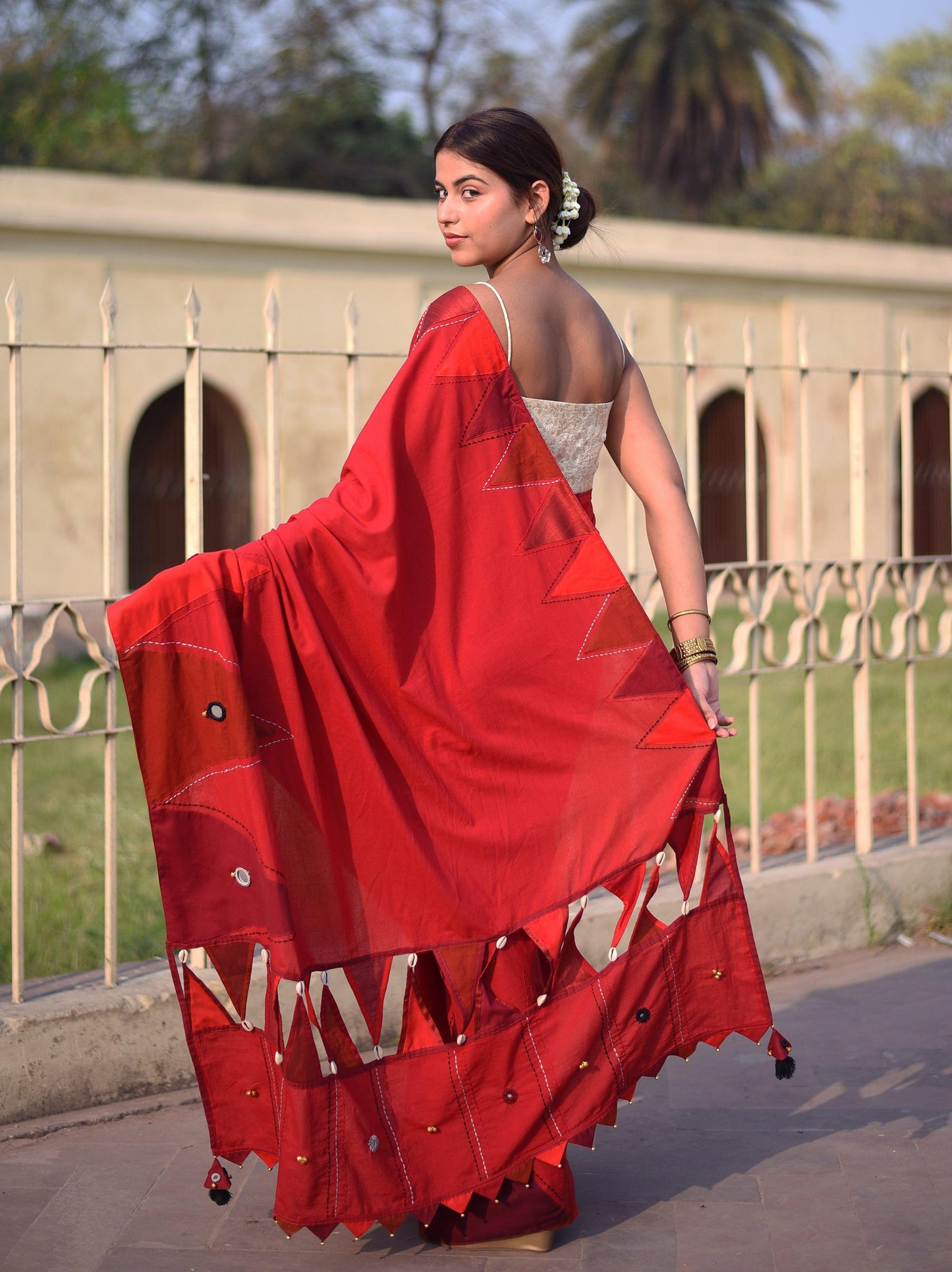 कुमकुम Cotton Cambric Red Saree