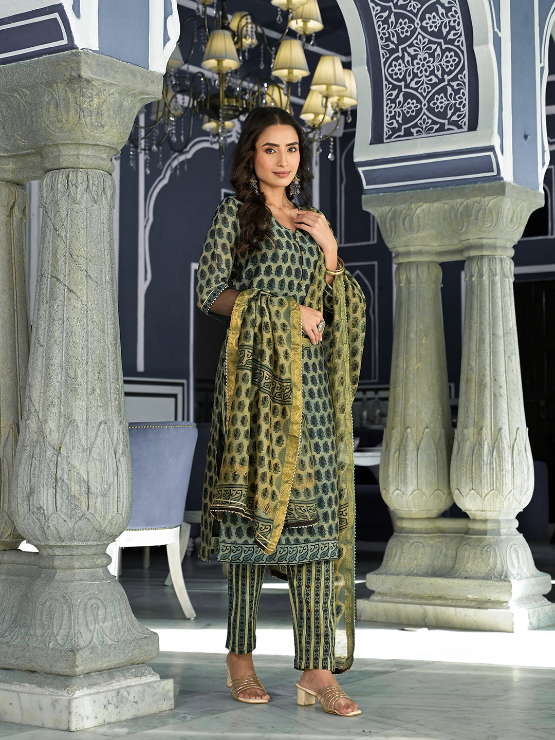 Green Ethnic Printed Chanderi Silk Kurta Trouser with Dupatta Set