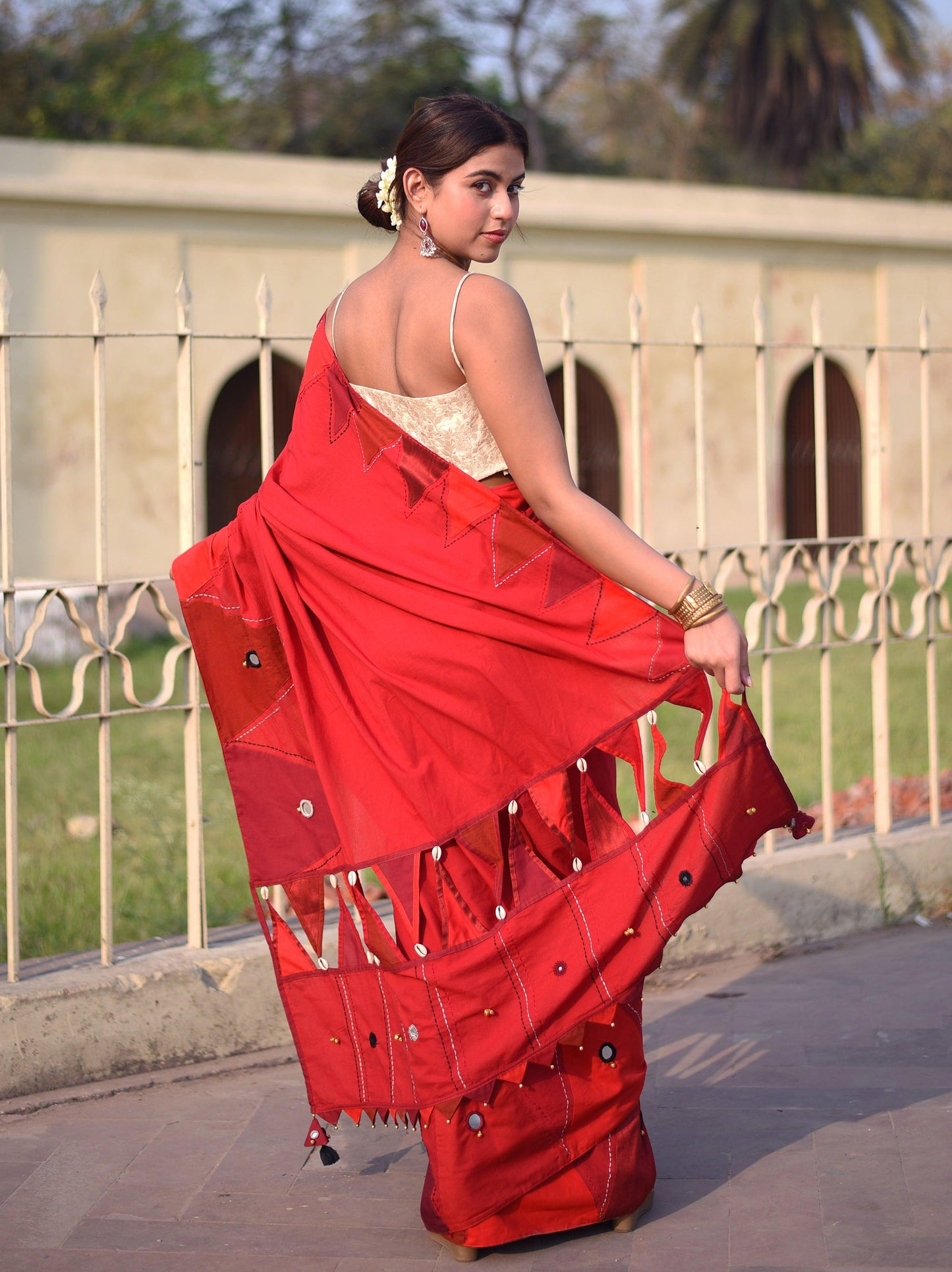 कुमकुम Cotton Cambric Red Saree