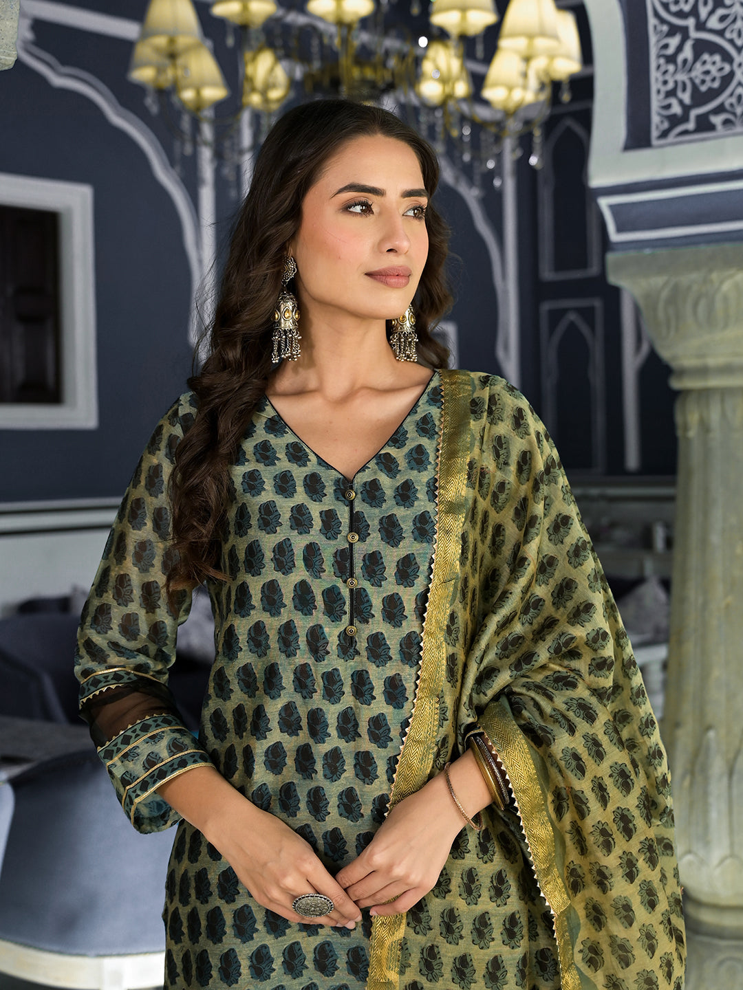 Green Ethnic Printed Chanderi Silk Kurta Trouser with Dupatta Set