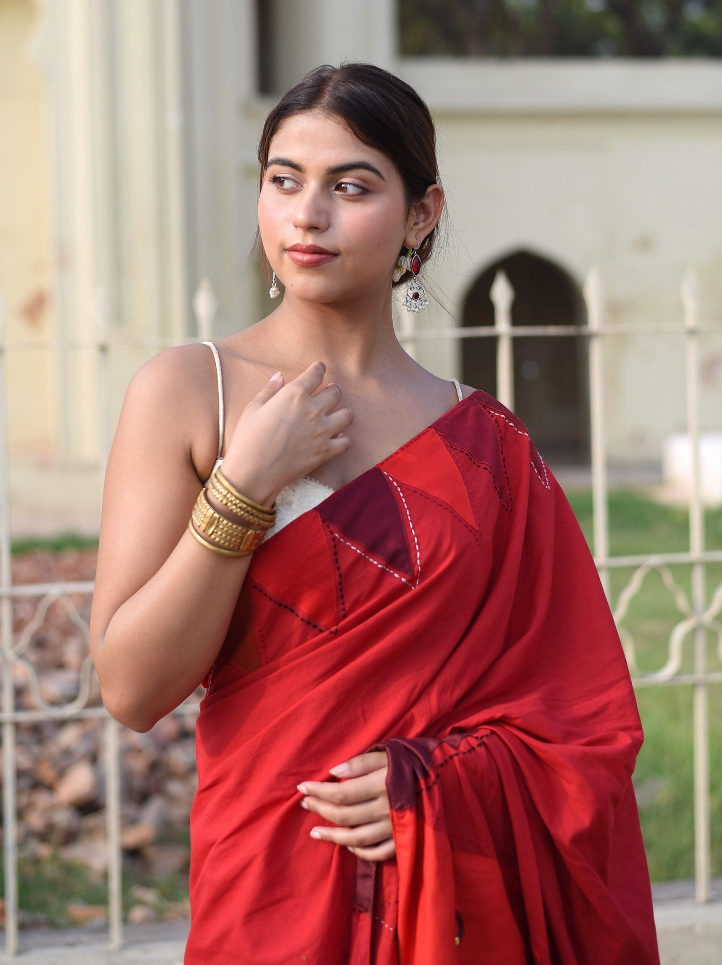 कुमकुम Cotton Cambric Red Saree