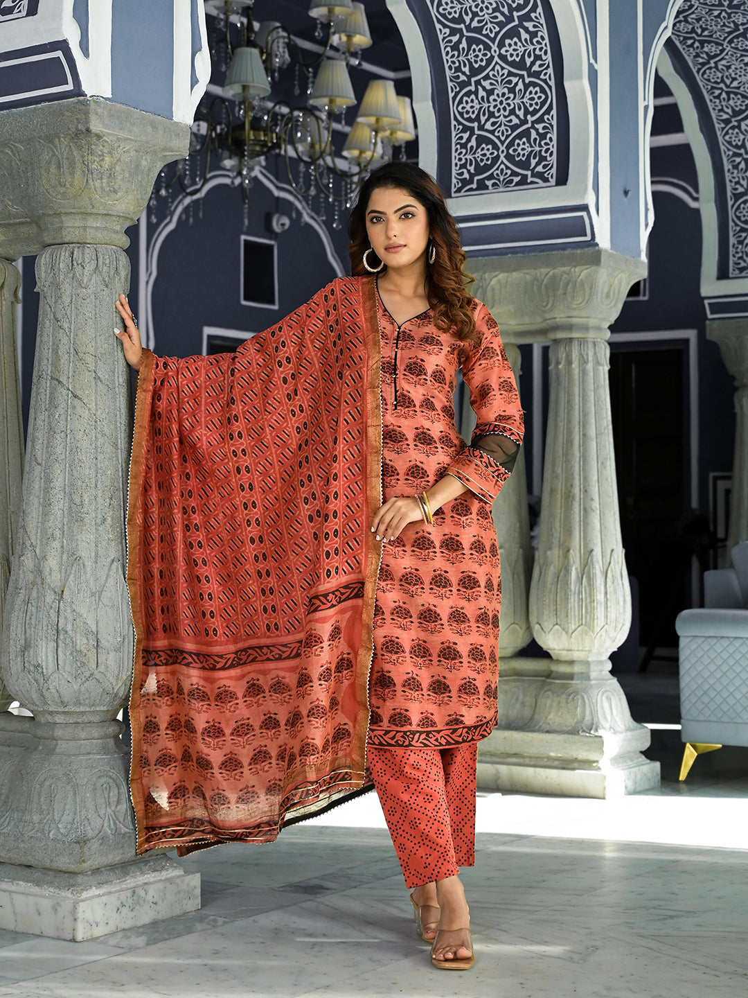 Maroon Ethnic Printed Chanderi Silk Kurta Set with Maheshwari Silk Dupatta