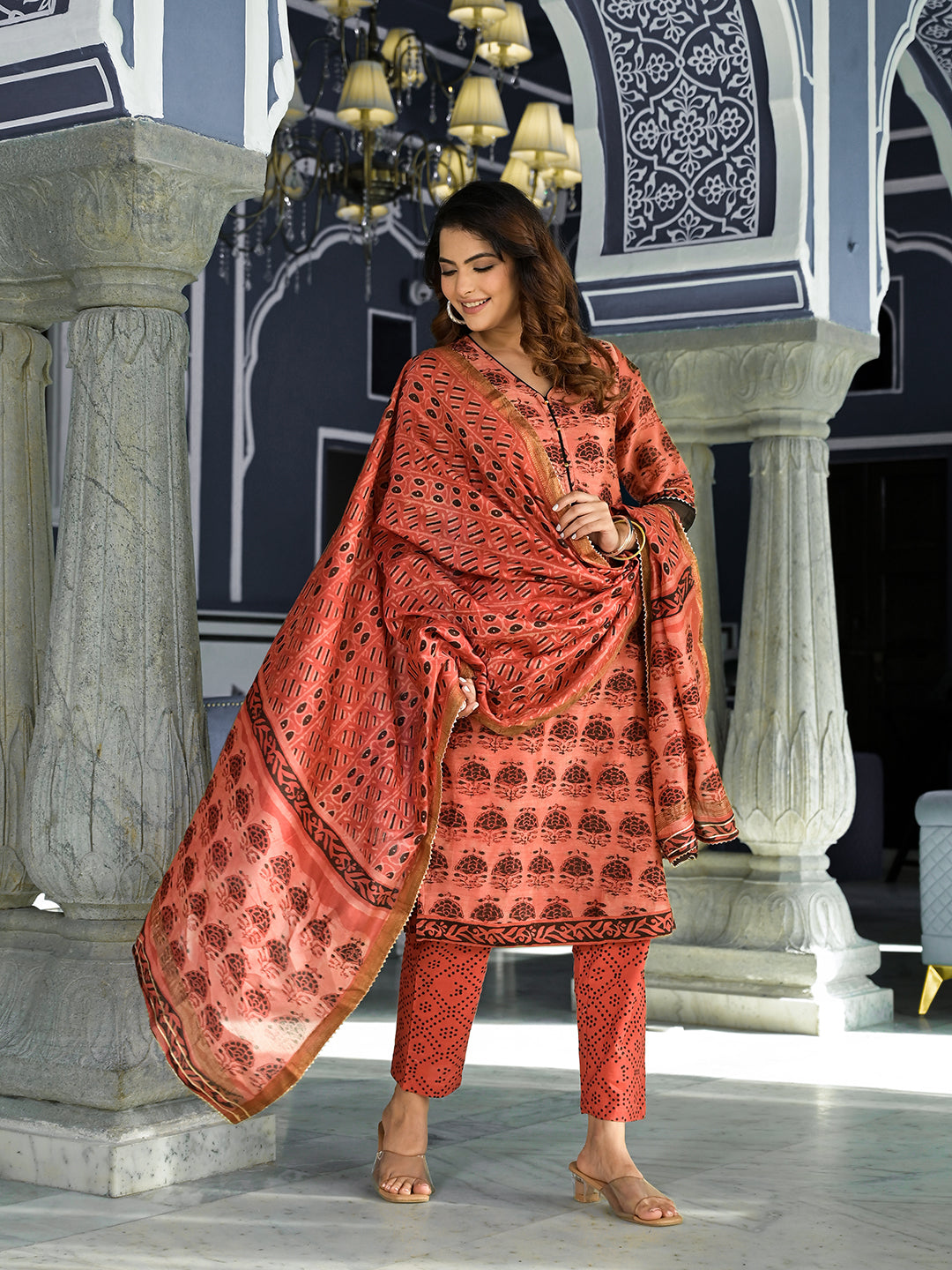 Maroon Ethnic Printed Chanderi Silk Kurta Set with Maheshwari Silk Dupatta