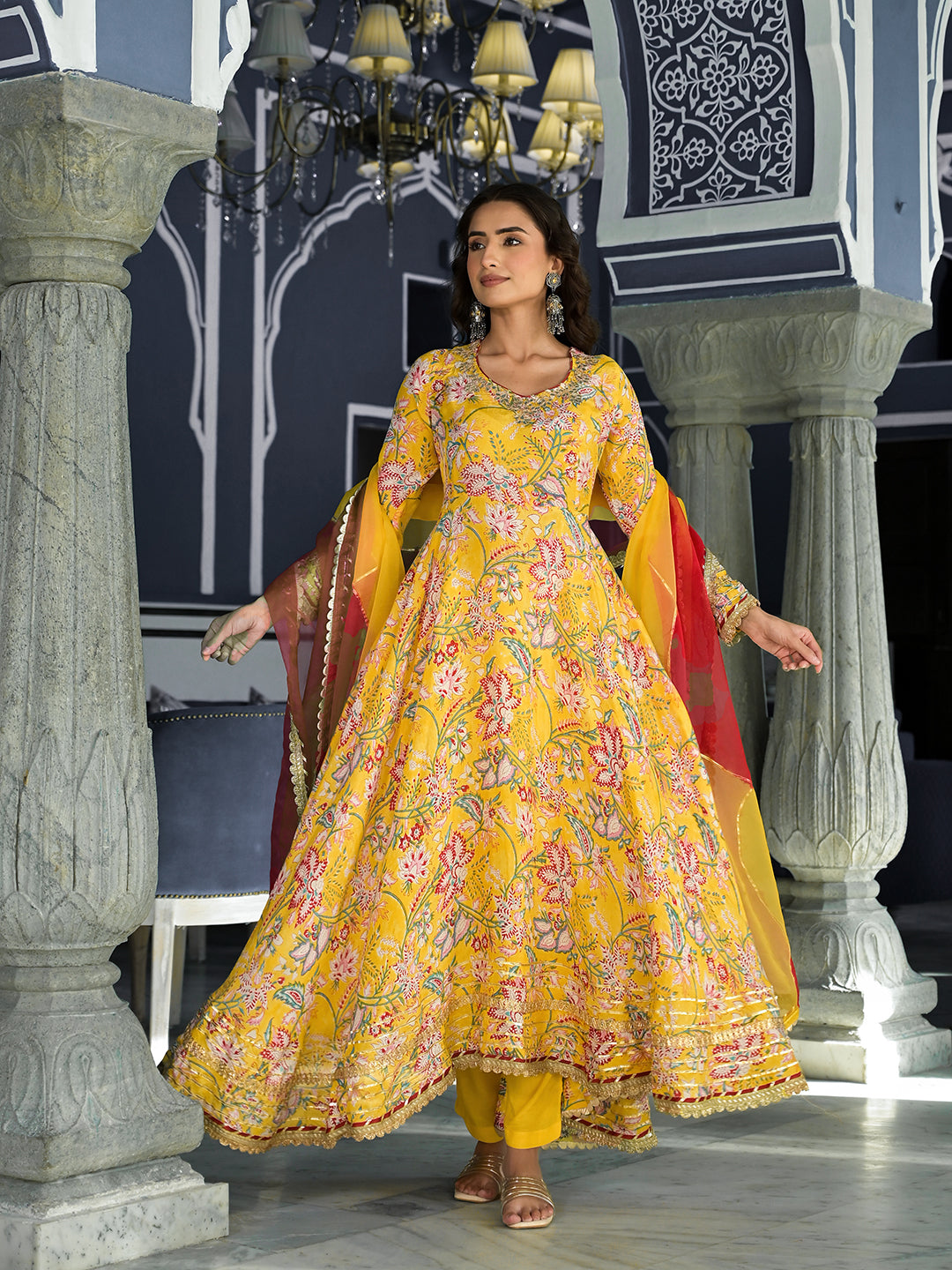 Yellow Floral Printed Anarkali Muslin Kurta Trouser with Dupatta Set