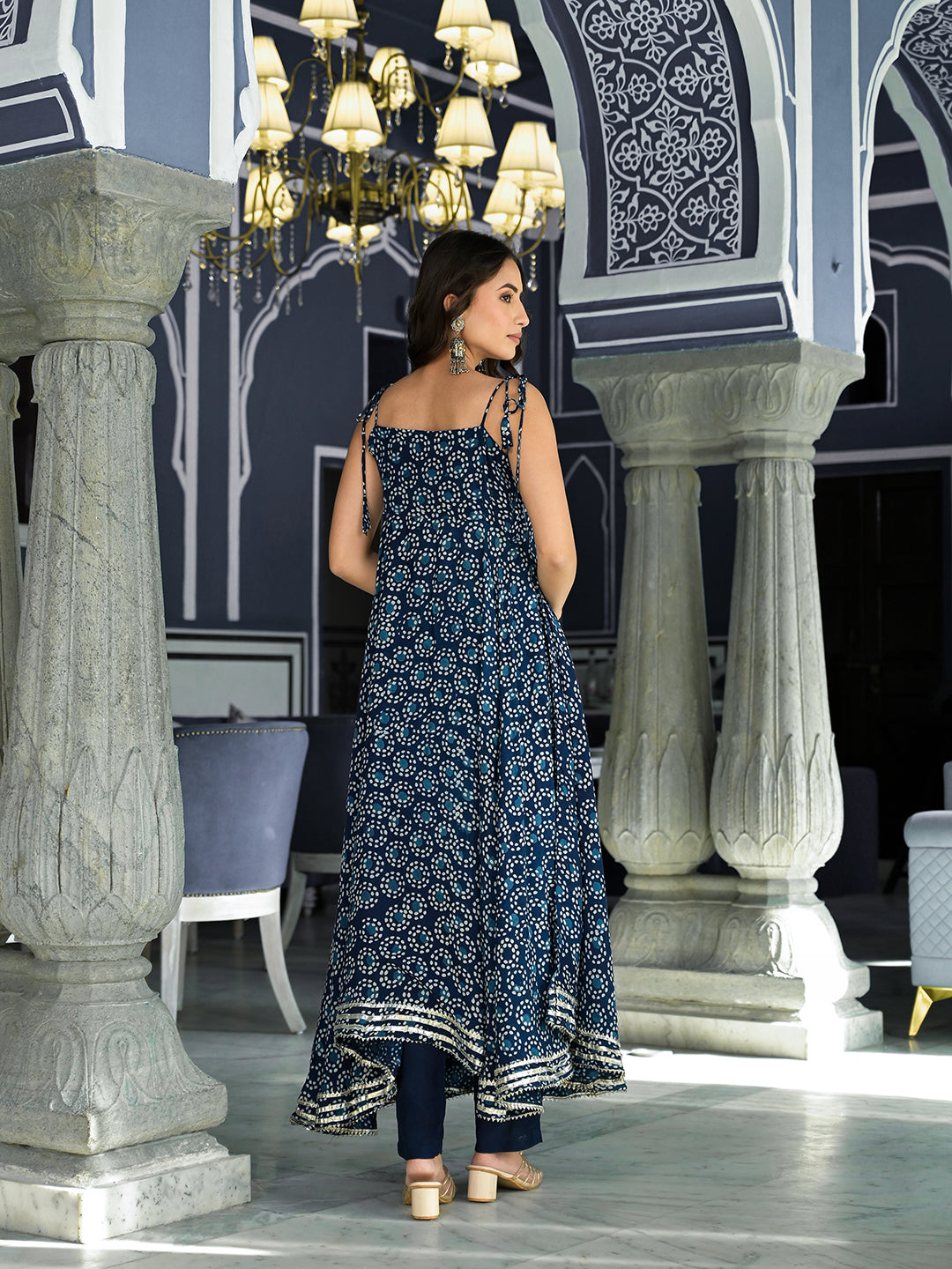 Blue Printed Anarkali Muslin Shoulder Stripe Kurta Trouser with Dupatta Set