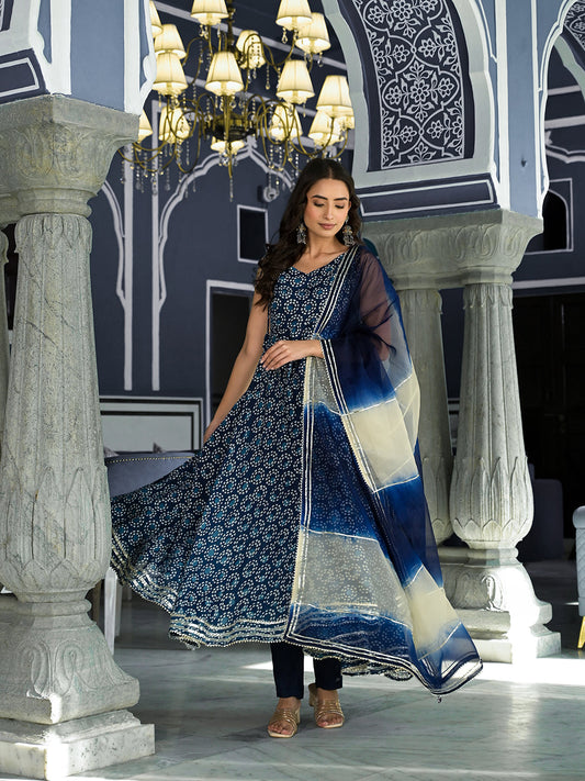 Blue Printed Anarkali Muslin Shoulder Stripe Kurta Trouser with Dupatta Set