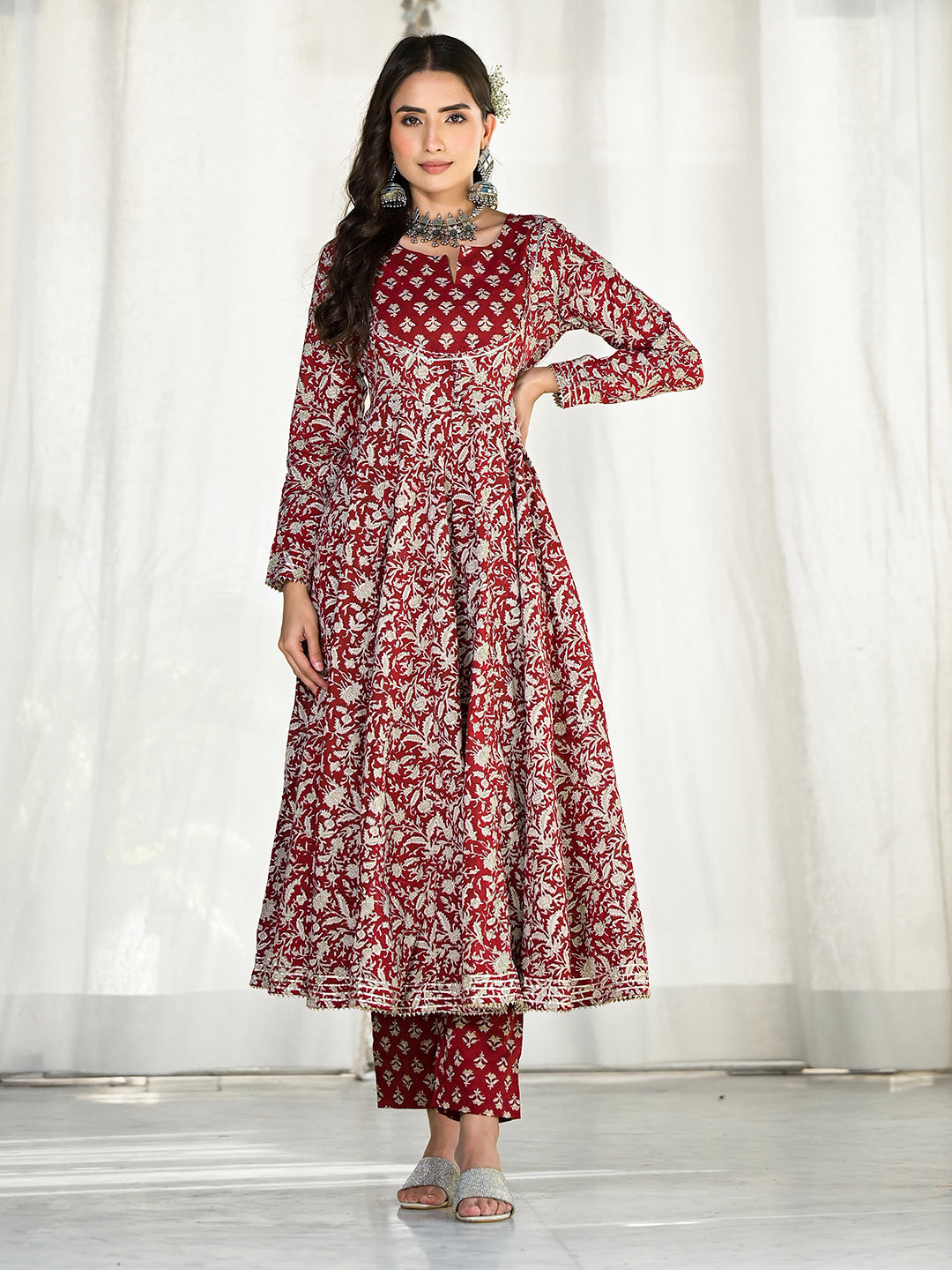 Maroon Floral Printed Anarkali Cotton Kurta Trouser with Dupatta Set