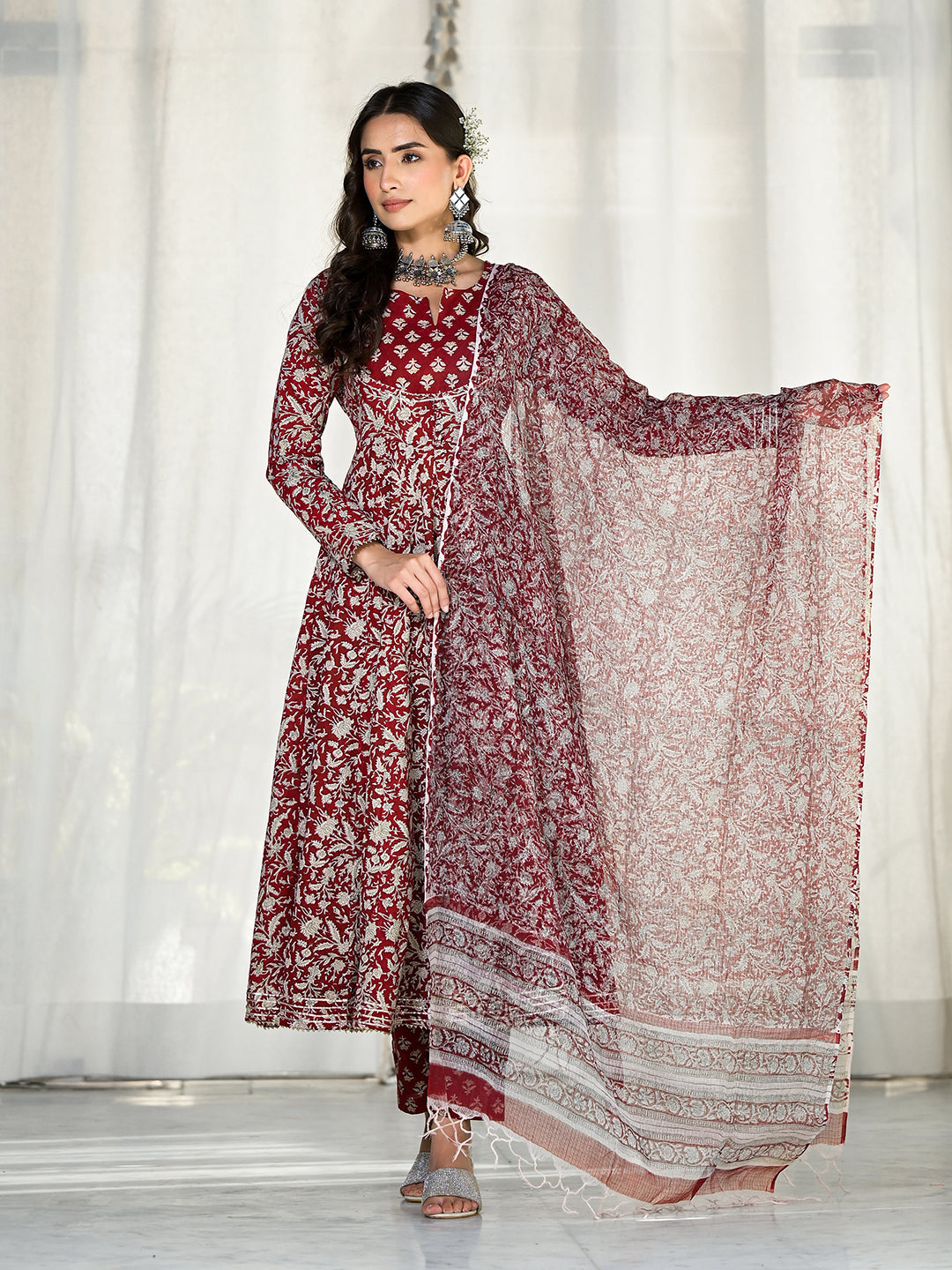 Maroon Floral Printed Anarkali Cotton Kurta Trouser with Dupatta Set