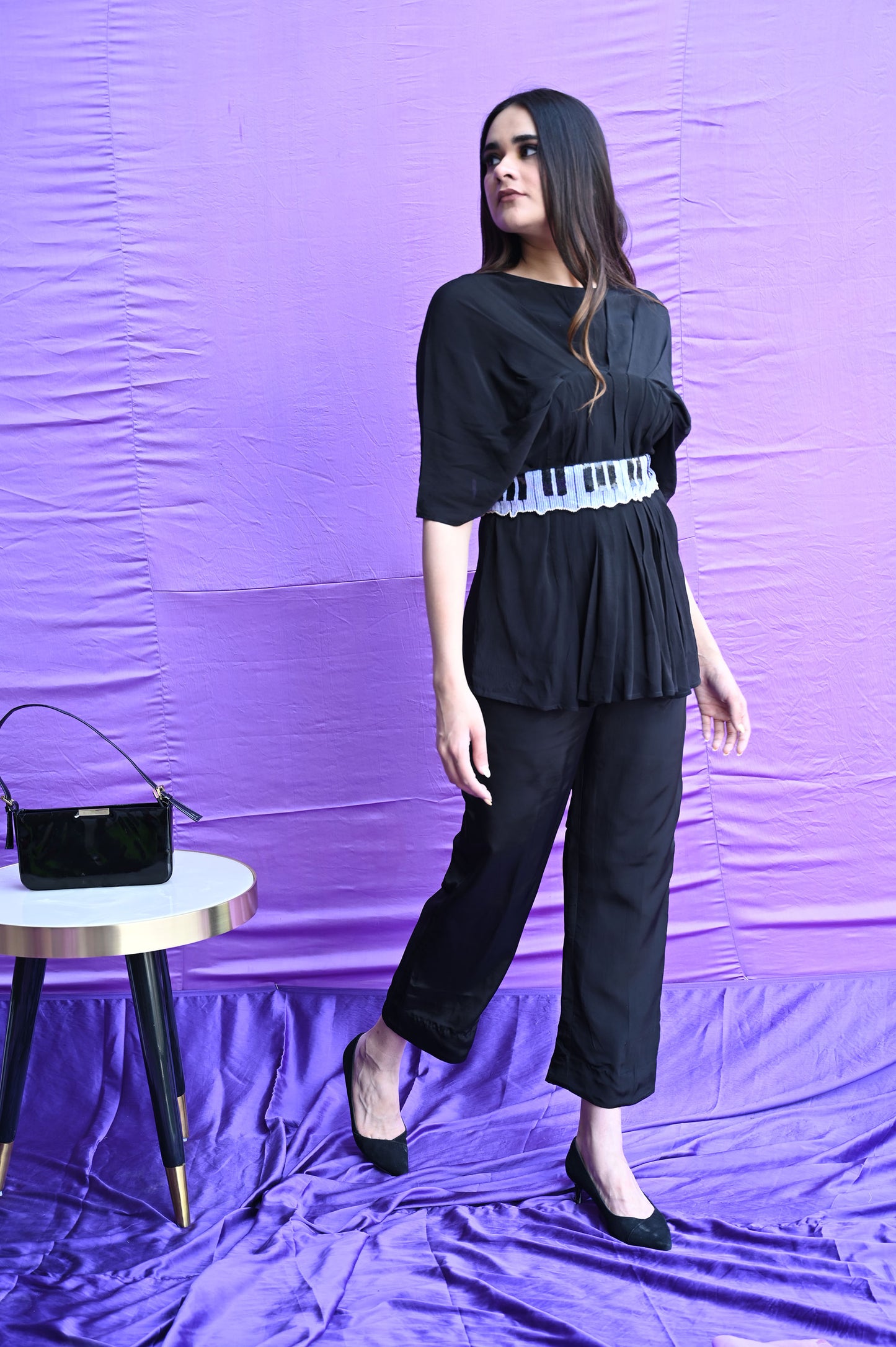 Black Pleated Top With Unique Piano Belt