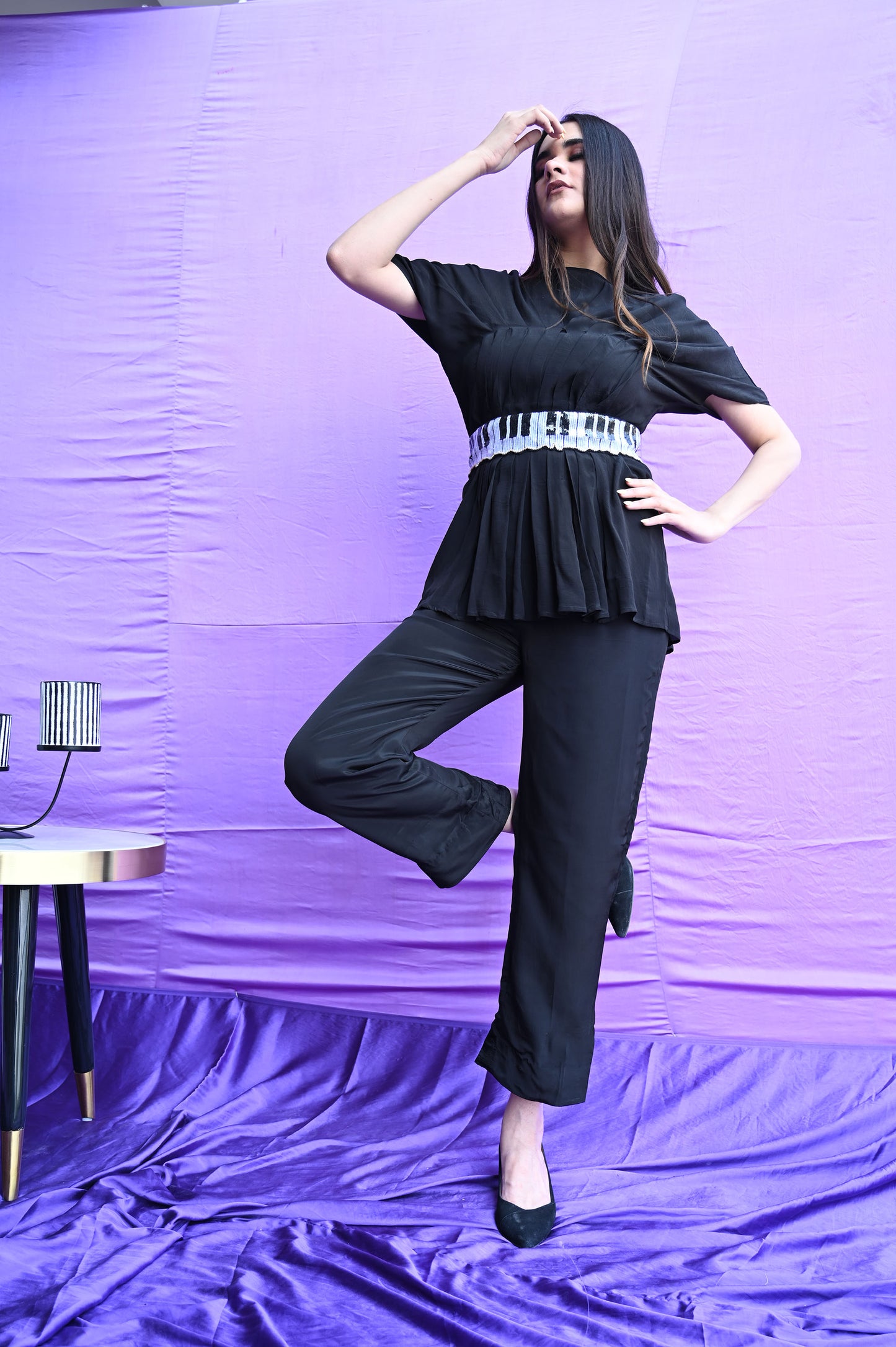 Black Pleated Top With Unique Piano Belt