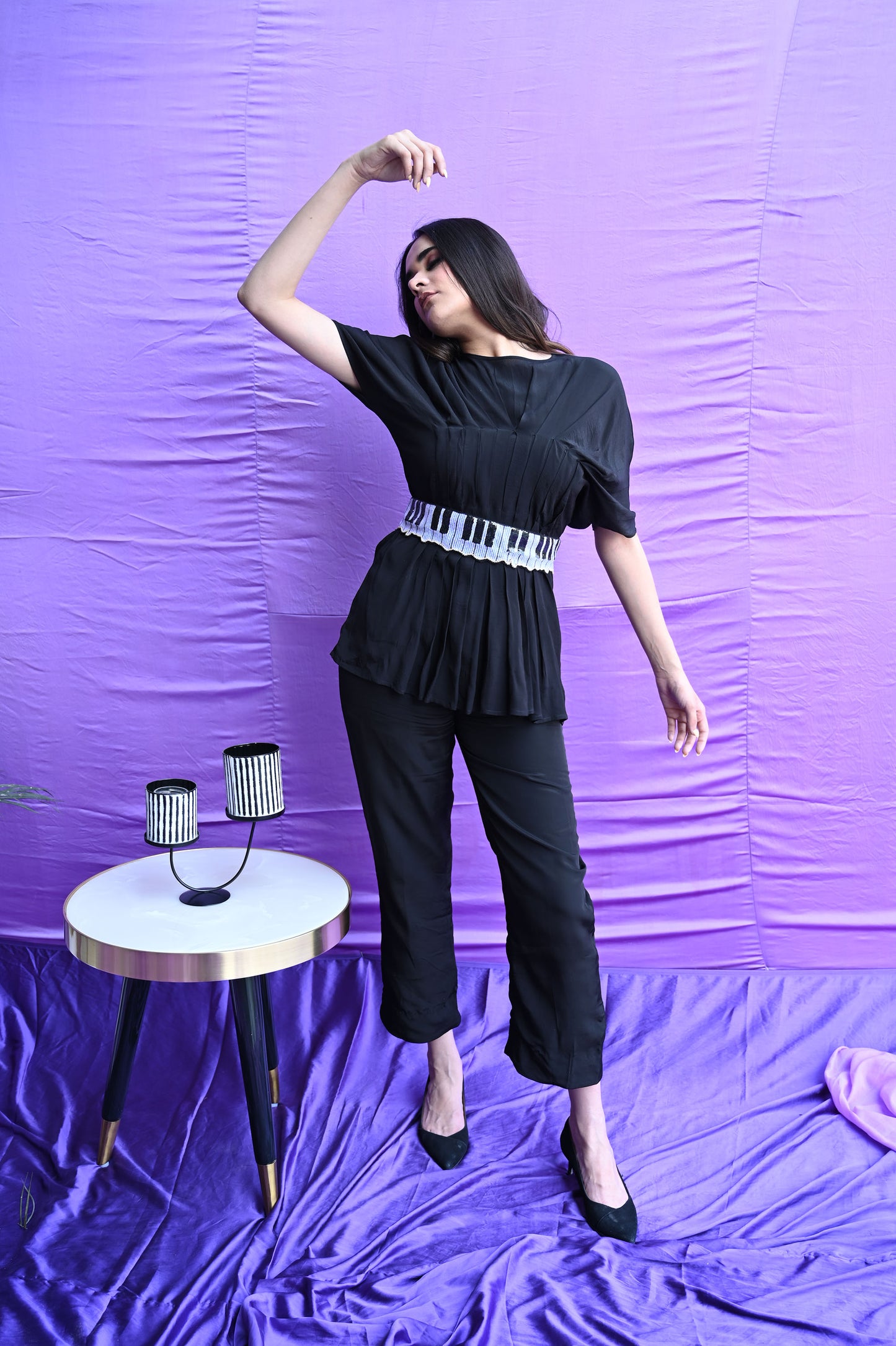 Black Pleated Top With Unique Piano Belt