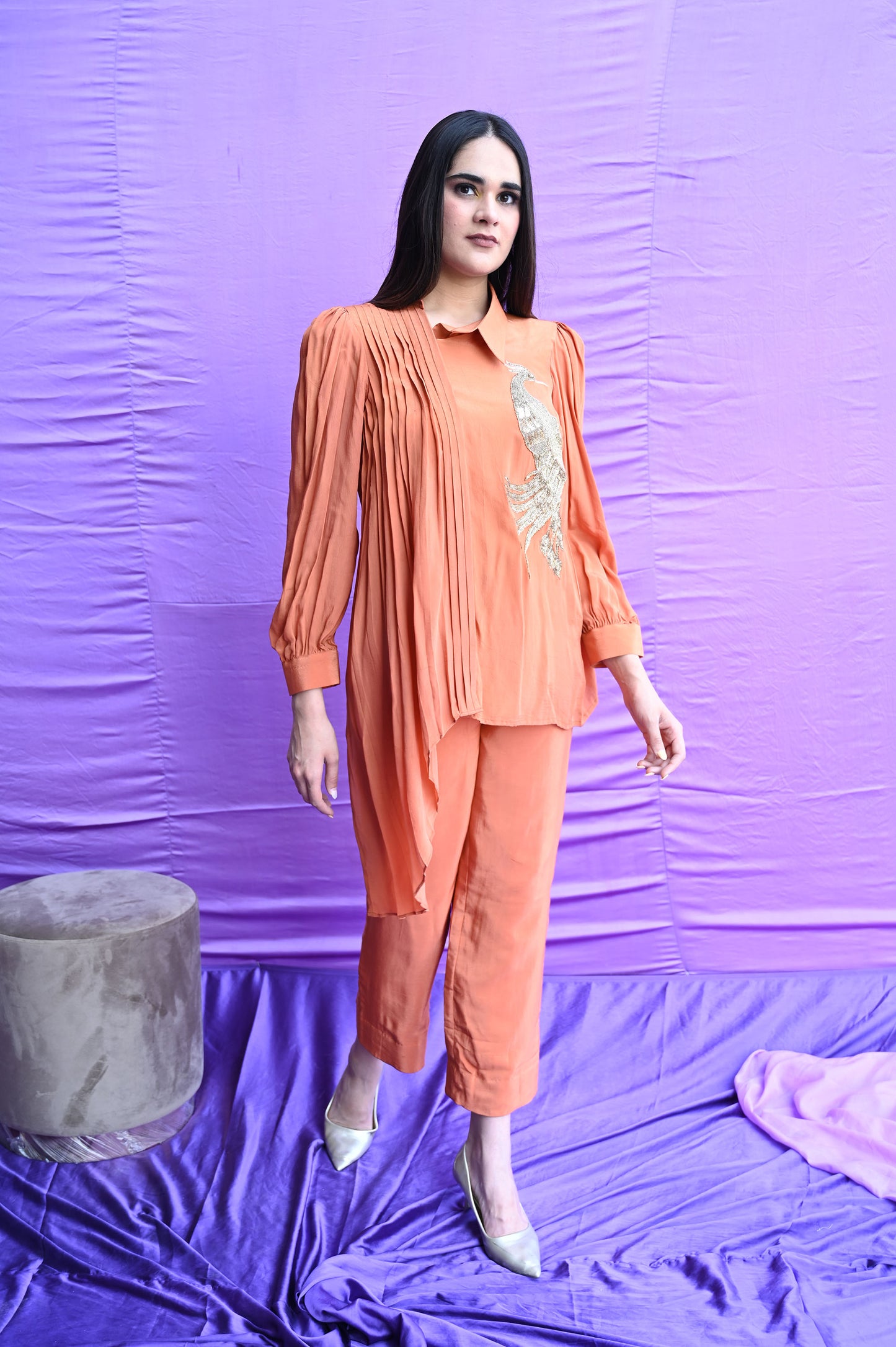 Rust Orange Embellished Asymmetrical Pleated Co-ord Set