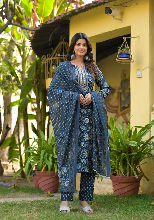 Women Blue Printed Viscose Rayon Kurta, Pant And Dupatta Set