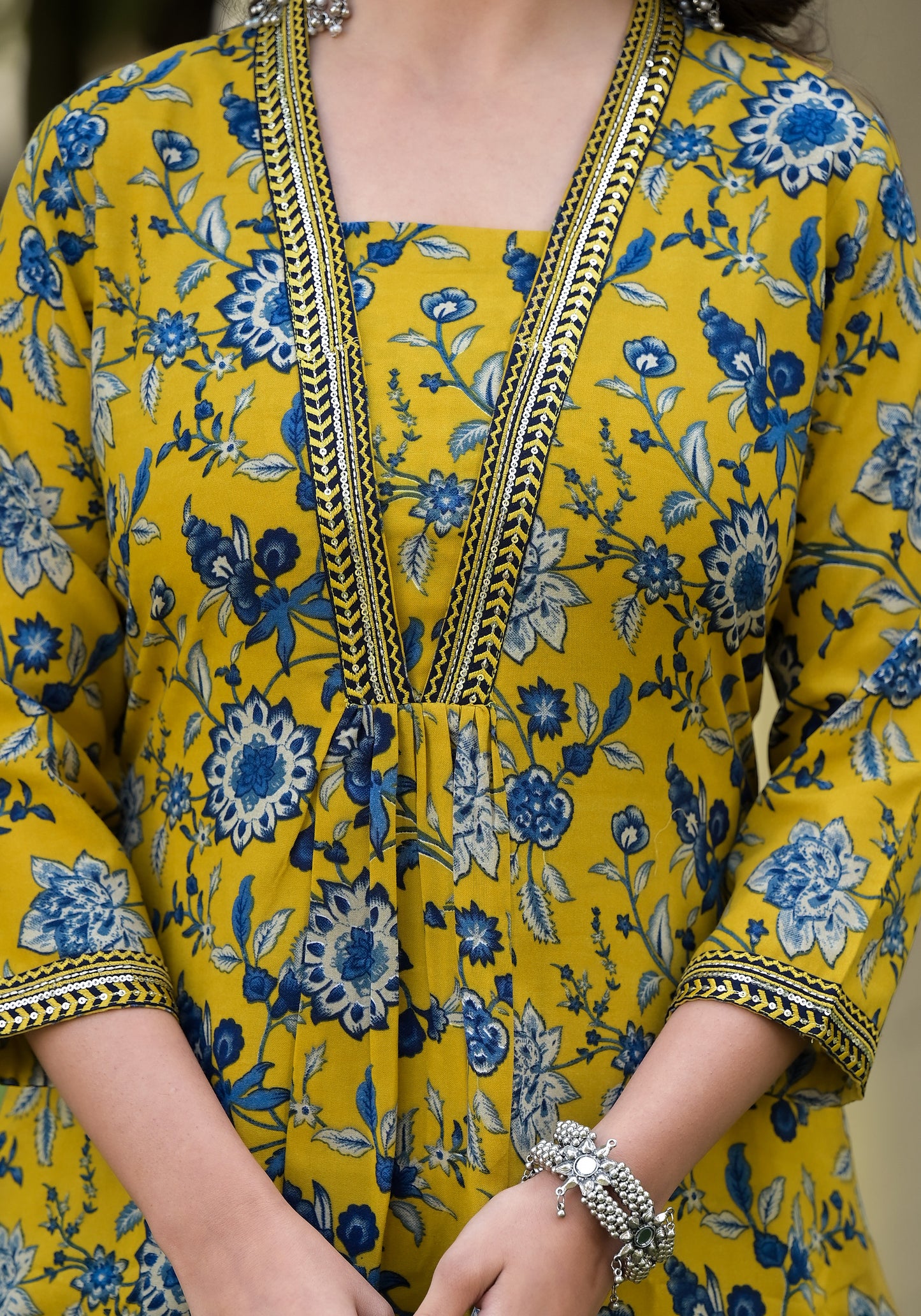 Women Yellow And Blue Printed Viscose Rayon Kurta, Pant And Dupatta Set