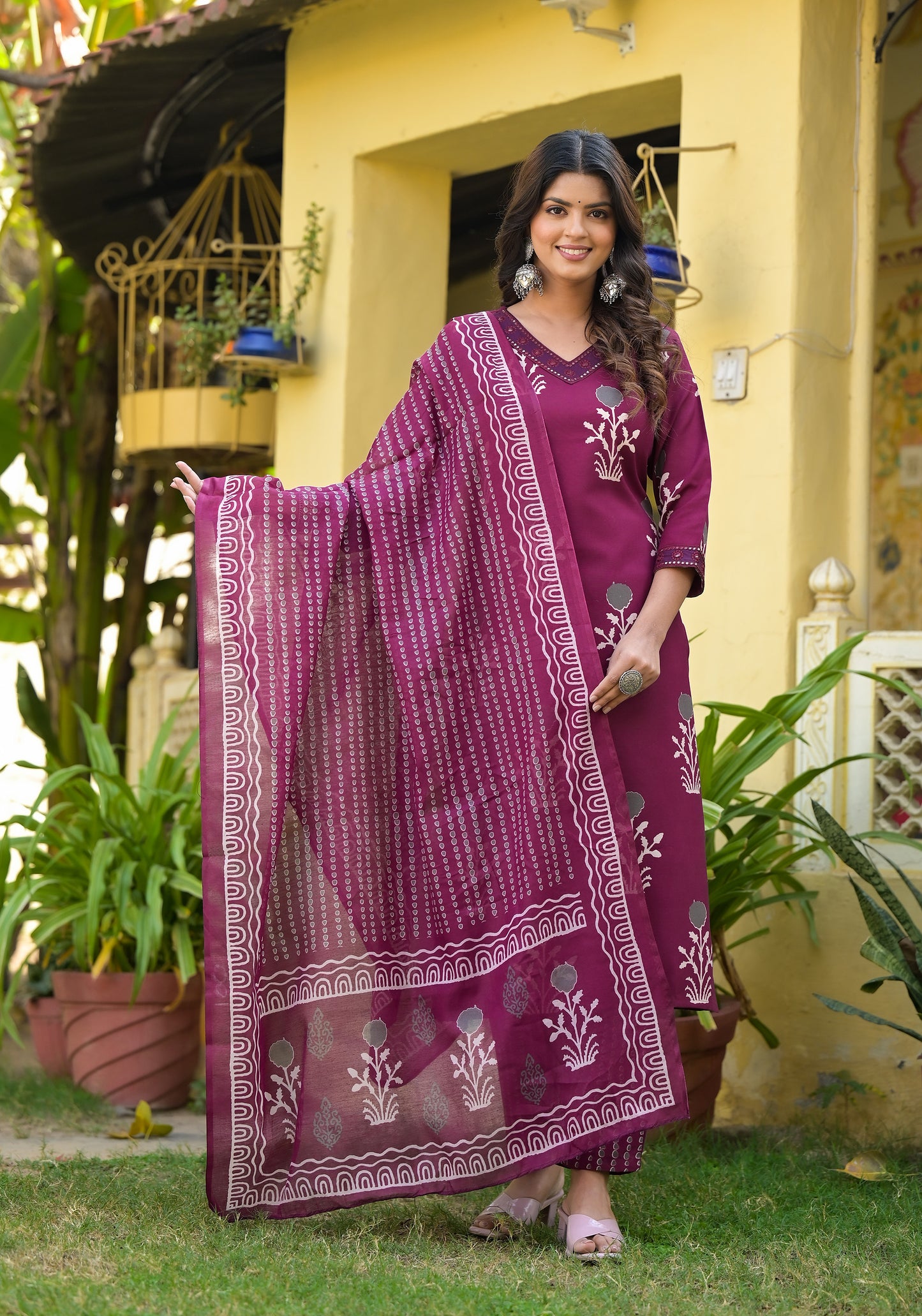 Women Purple Printed Viscose Rayon Kurta, Pant And Dupatta Set