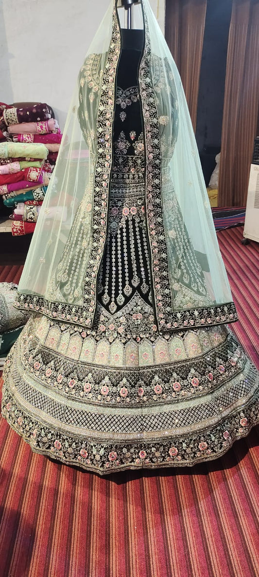 Dark Green Micro Velvet lehenga ( Bazaar )