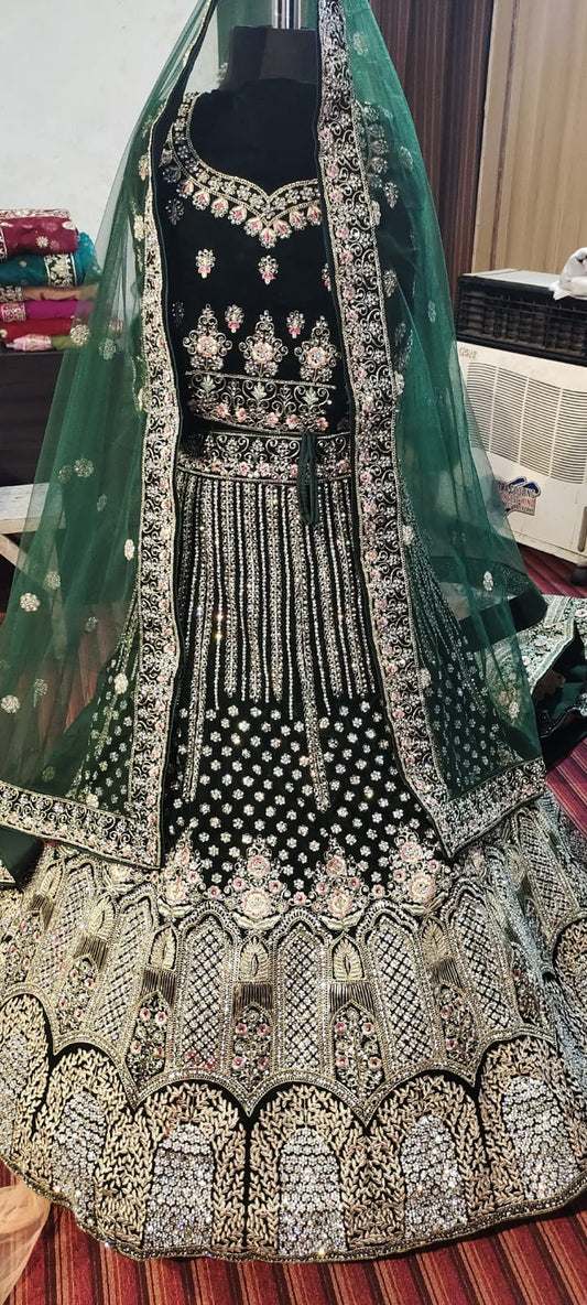 Dark Green Micro Velvet lehenga ( Bazaar )