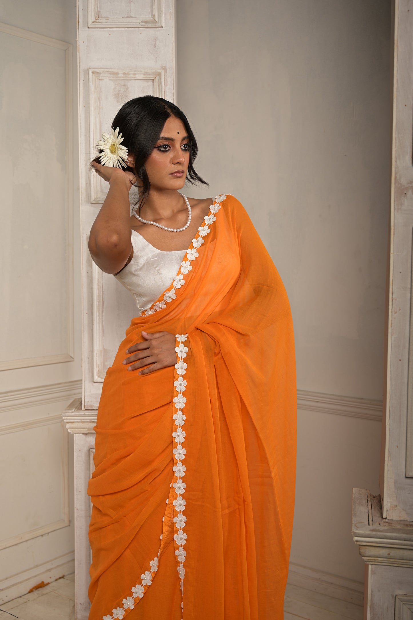 Dhoop Chhaao | Orange cotton saree with stitched lace floral embroidered border