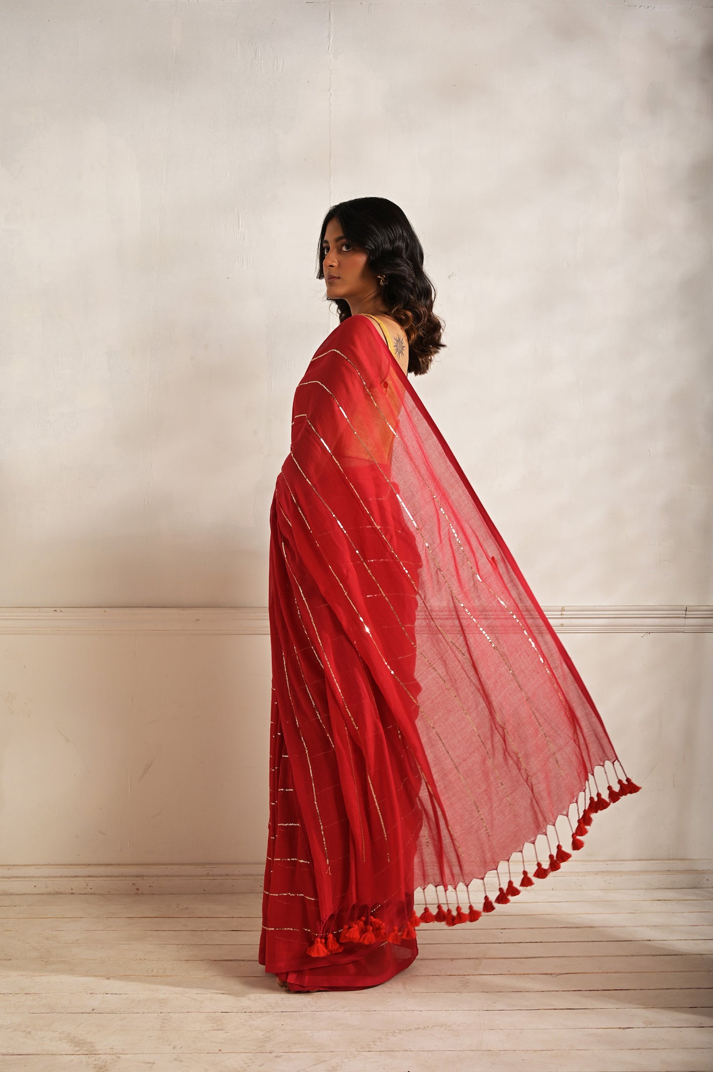 Dilruba |Red handloom mul cotton saree with sequined lines