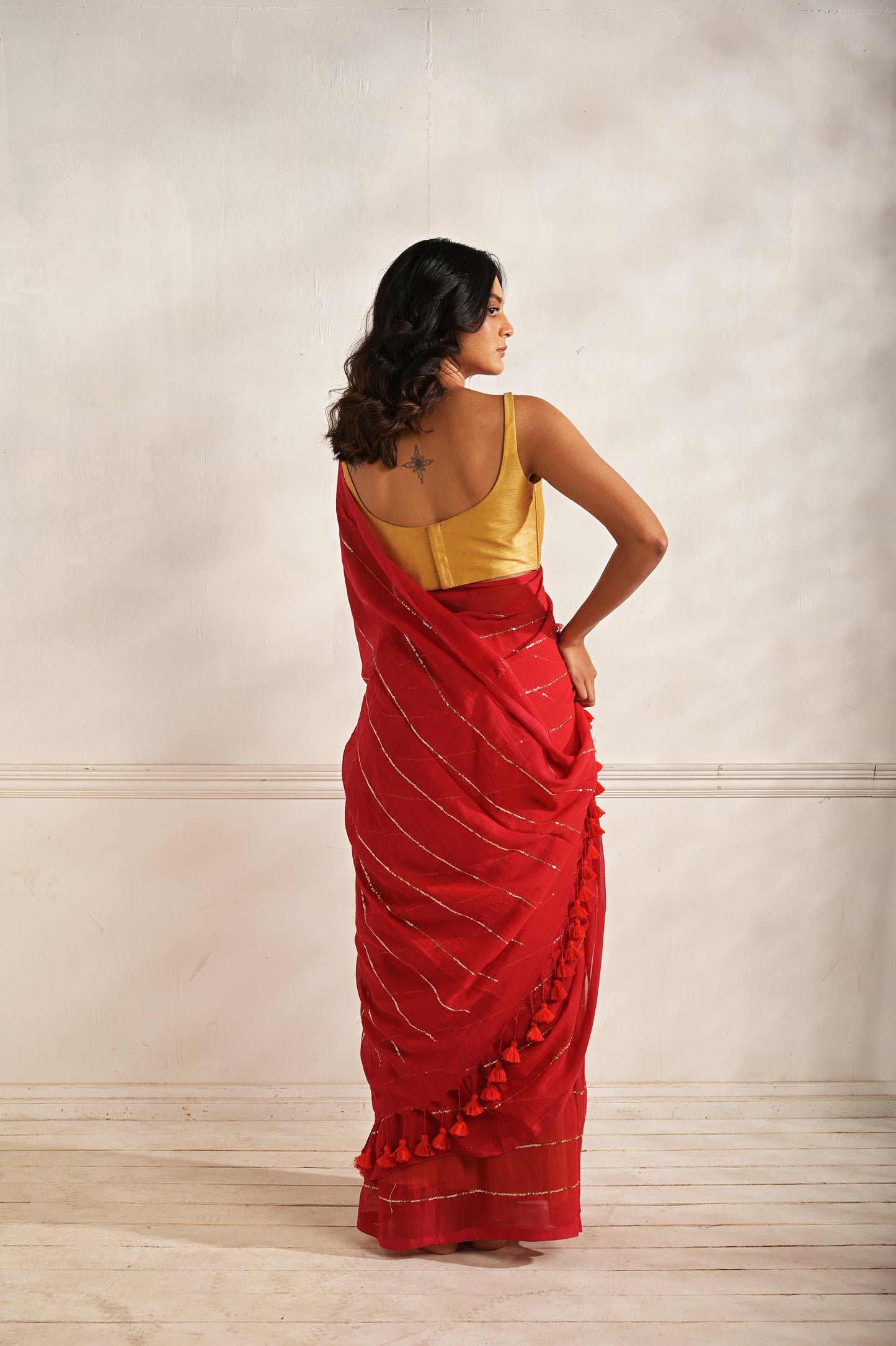 Dilruba |Red handloom mul cotton saree with sequined lines