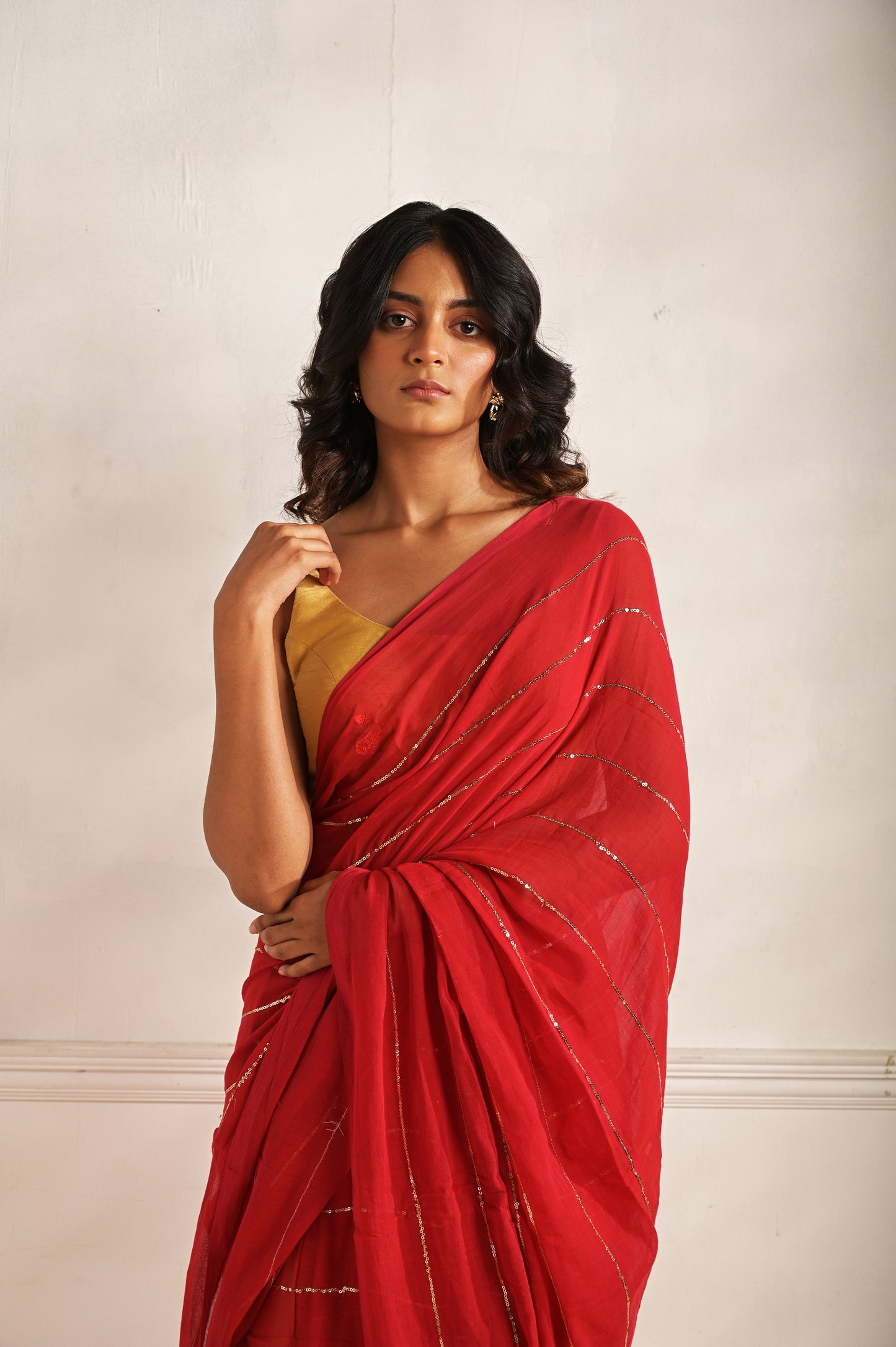 Dilruba |Red handloom mul cotton saree with sequined lines