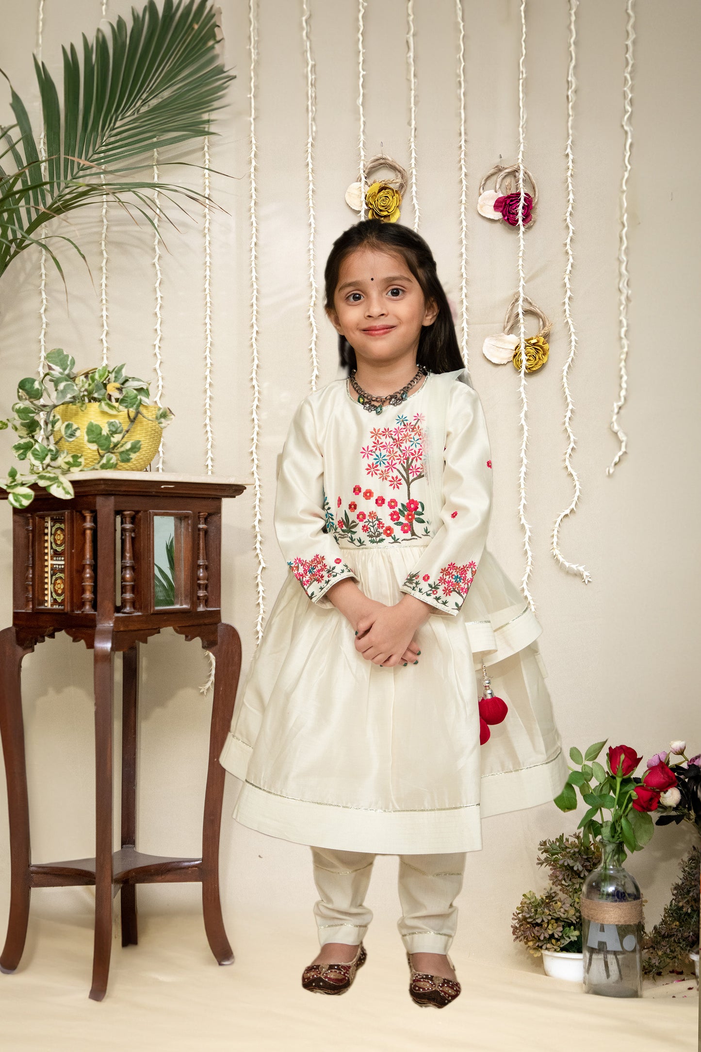 Ivory Floral Embroided Handwoven Chanderi kids Anarkali