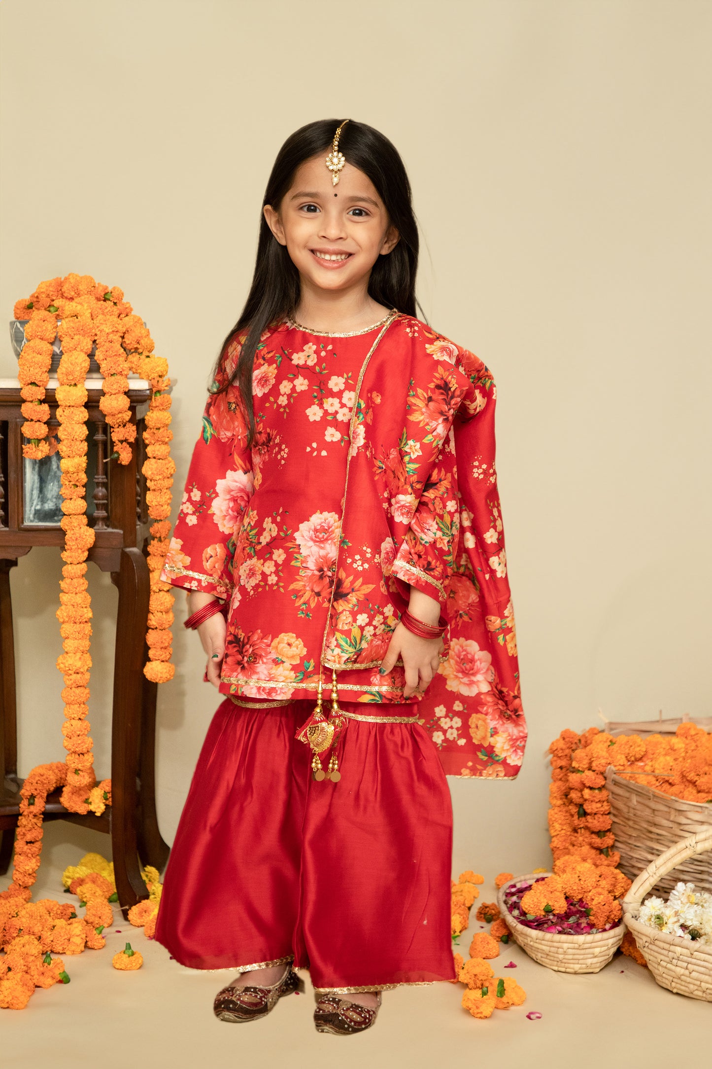 Red Floral Handwoven Chanderi kids Sharara Set