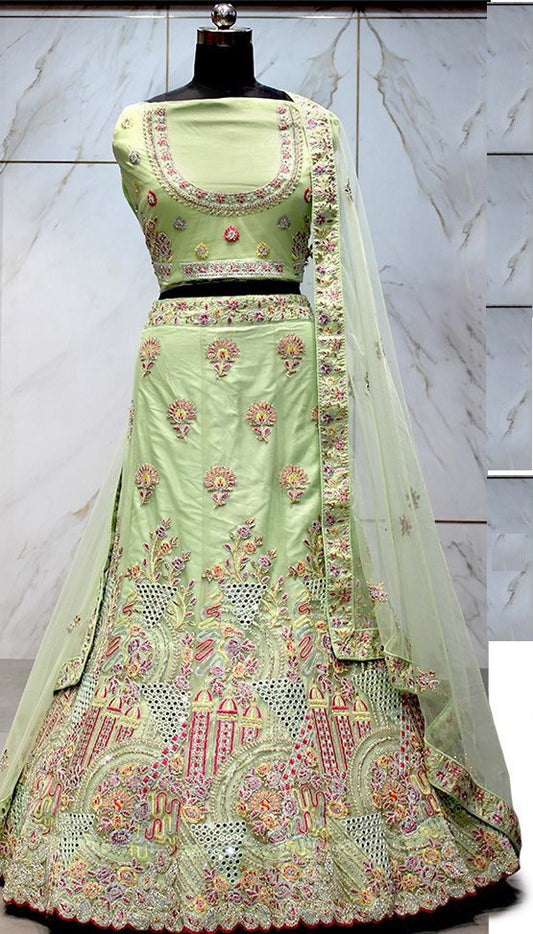 Pista Green Color Mirror Embroidery Net Bridesmaid Lehenga
