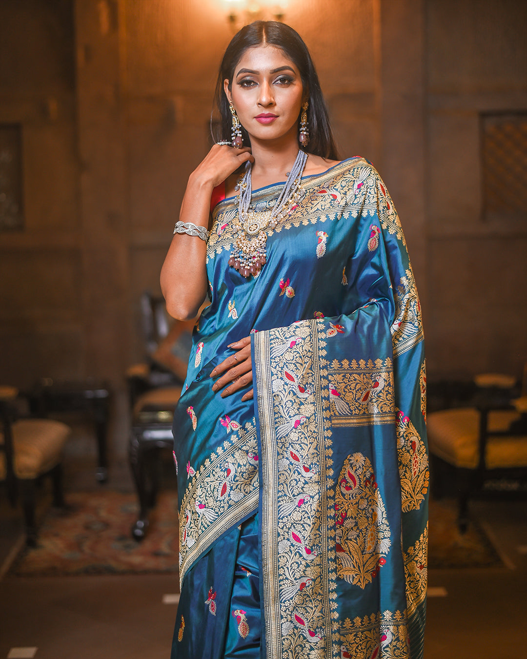 Teal Handwoven Kadwa Katan Silk Saree - Panaya