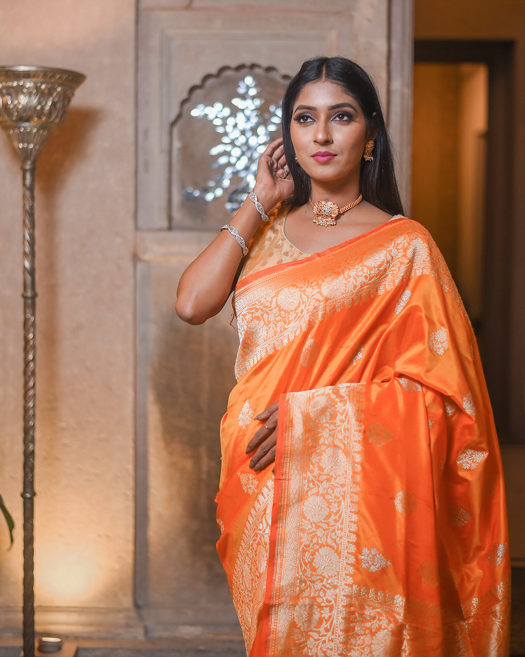 Orange Handwoven Kadwa Katan Silk Saree - Panaya