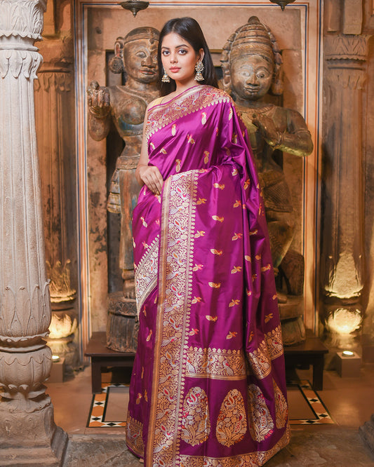 Purple Handwoven Kadwa Katan Pure Silk Saree - Panaya